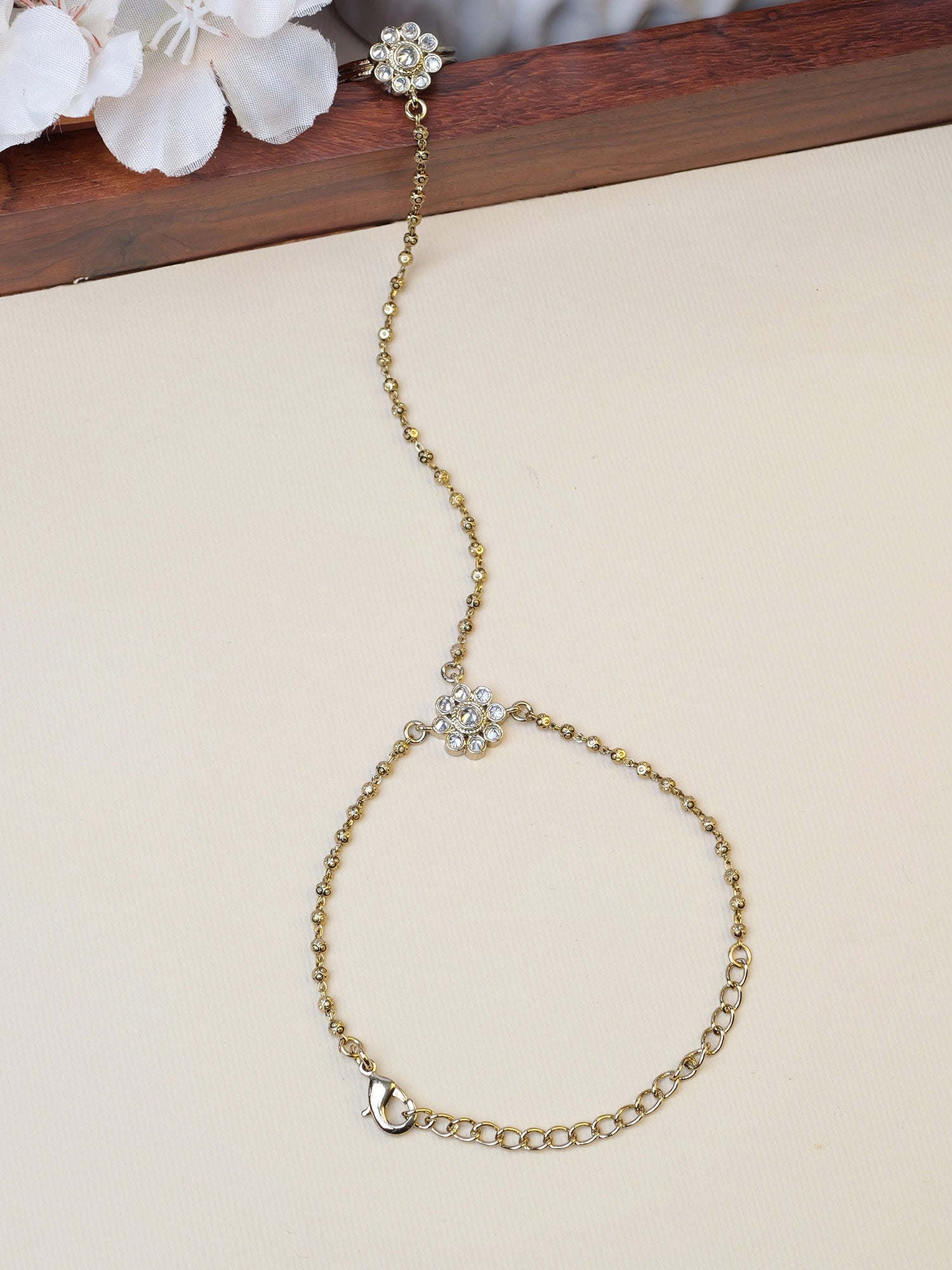 Forever Floral Hand Chain in White and Antique Gold