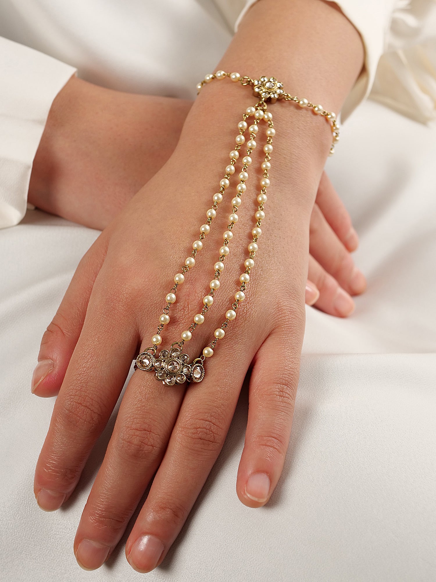 Forever Floral Triple Hand Chain in Pearl and Champagne