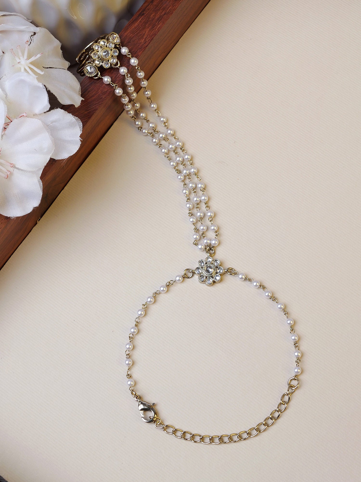 Forever Floral Triple Hand Chain in White and Antique Gold