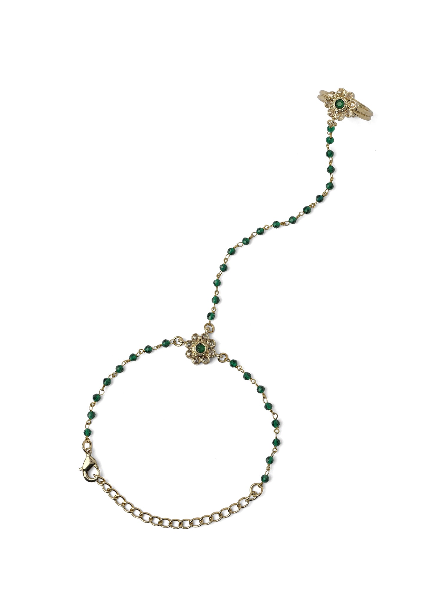 Forever Floral Hand Chain in Green and Antique Gold