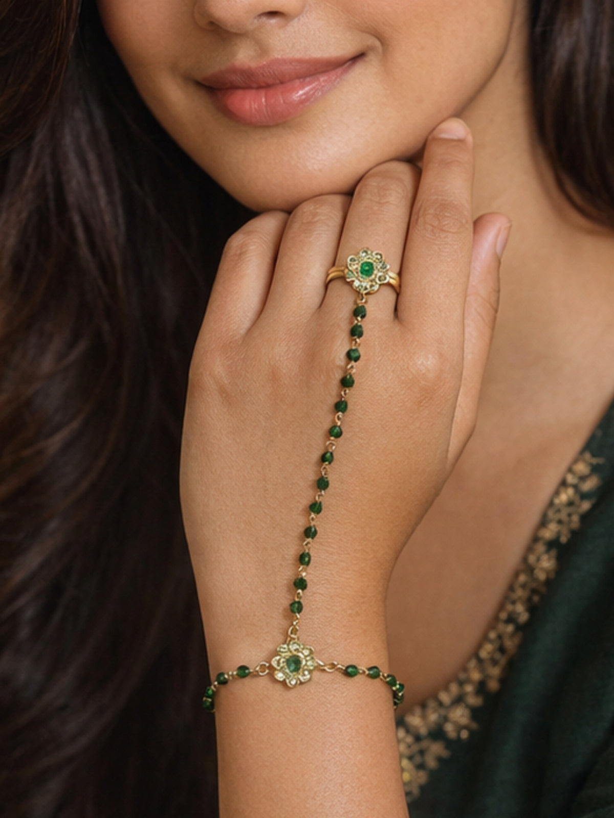 Forever Floral Hand Chain in Green and Antique Gold