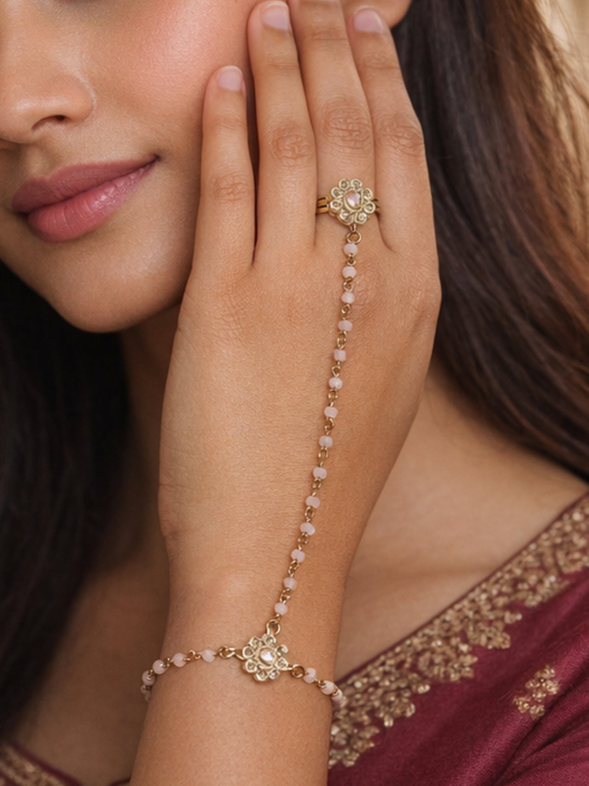 Forever Floral Hand Chain in Light Pink and Antique Gold