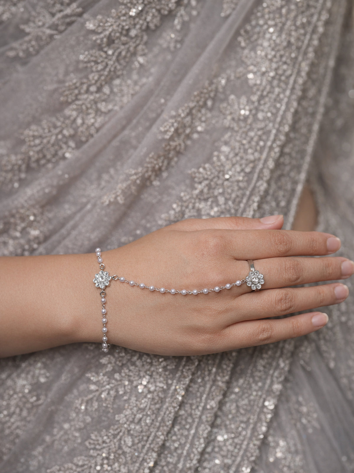 Forever Floral Hand Chain in Pearl and Rhodium