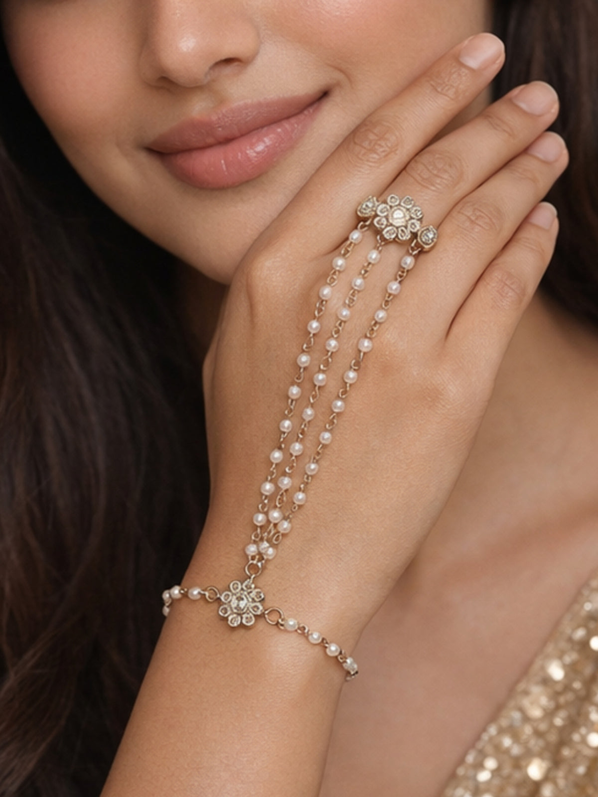 Forever Floral Triple Hand Chain in White and Antique Gold