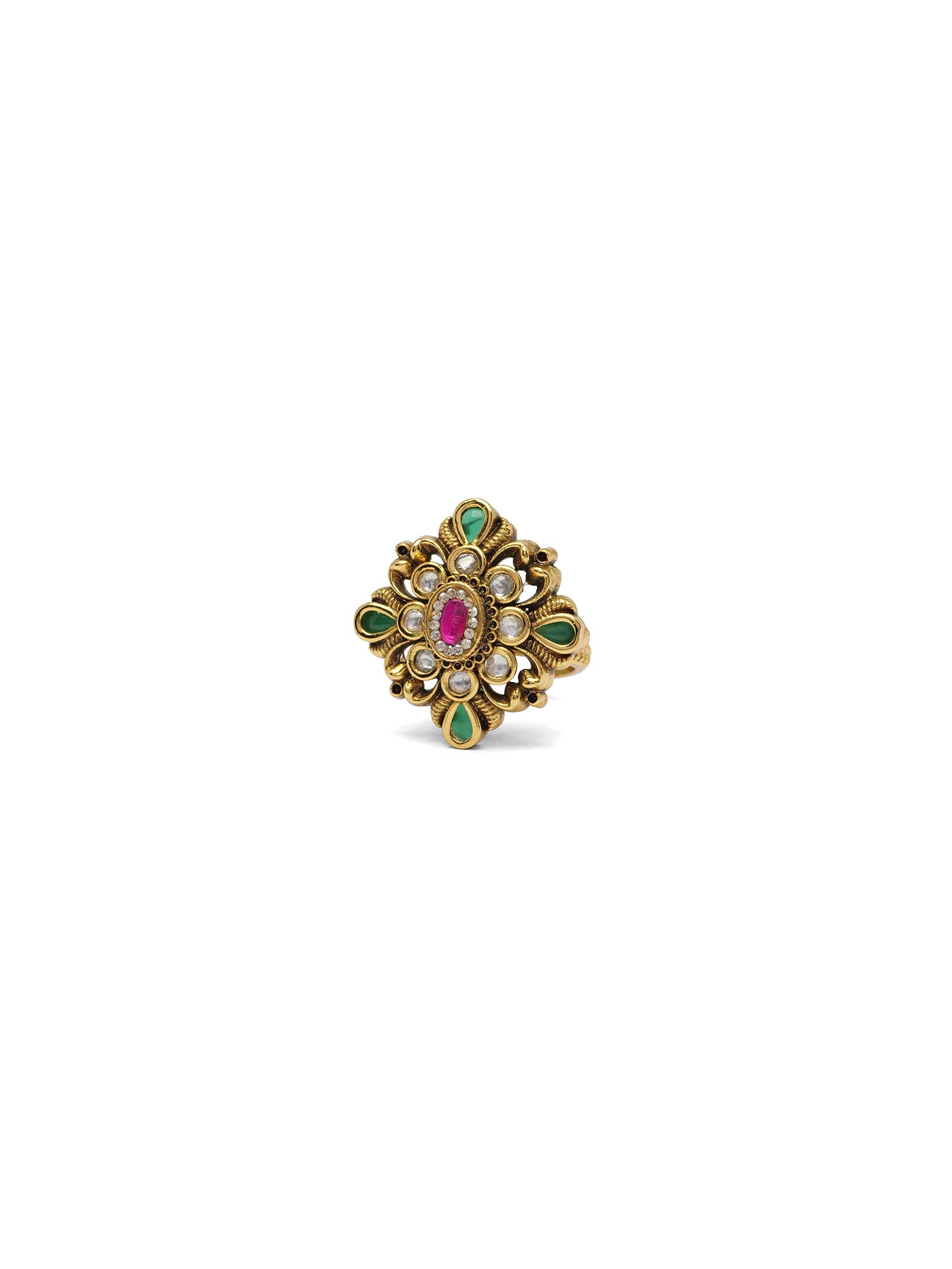 Gayatri Kundan Ring in Hot Pink and Green