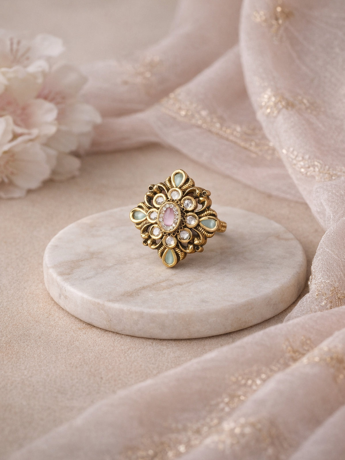Gayatri Kundan Ring in Pink and Mint