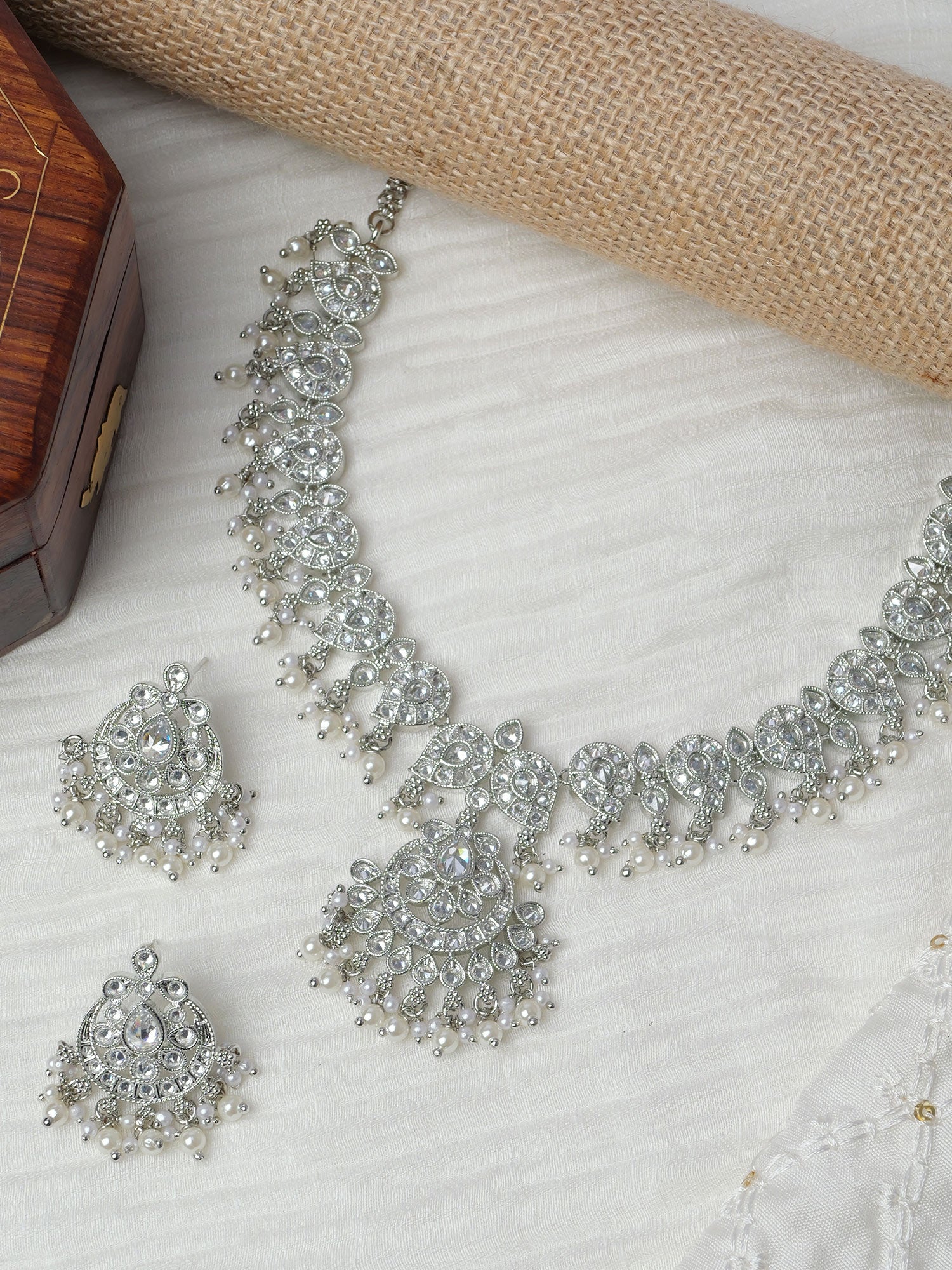 Saanvi Necklace Set in Pearl and Rhodium