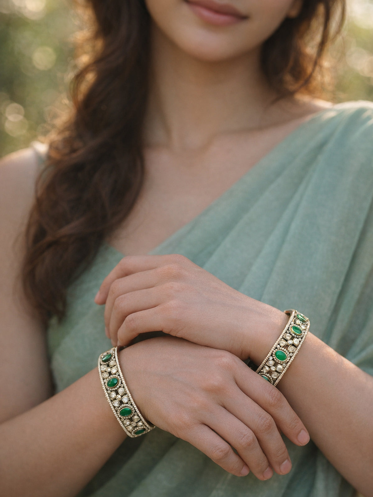 Gulbadan Kundan Pearl Bangles in Green