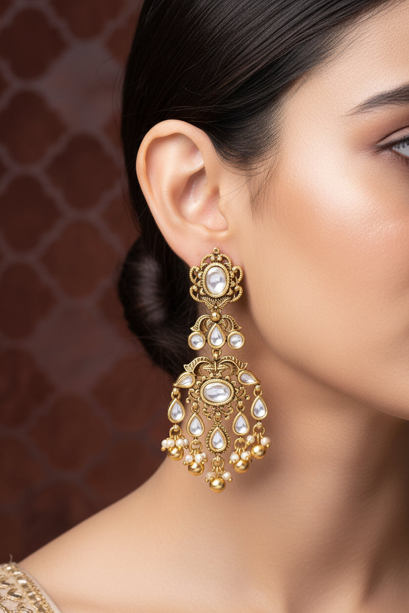 Gulnaar Kundan Long Earrings in White