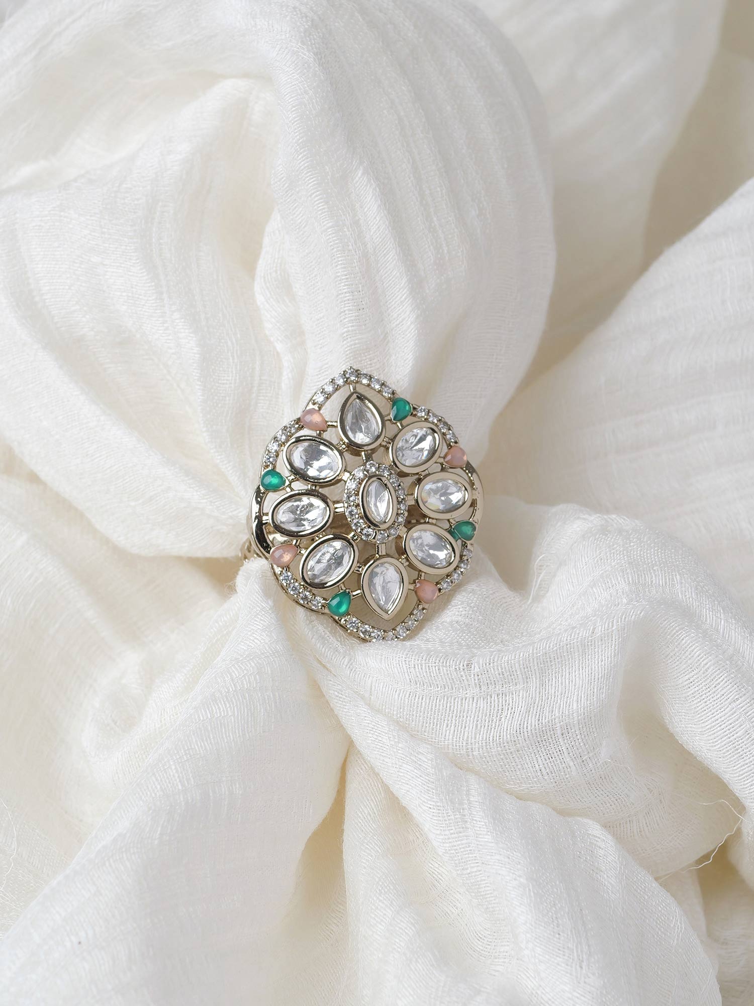 Gunjan Kundan Ring in Green and Pink