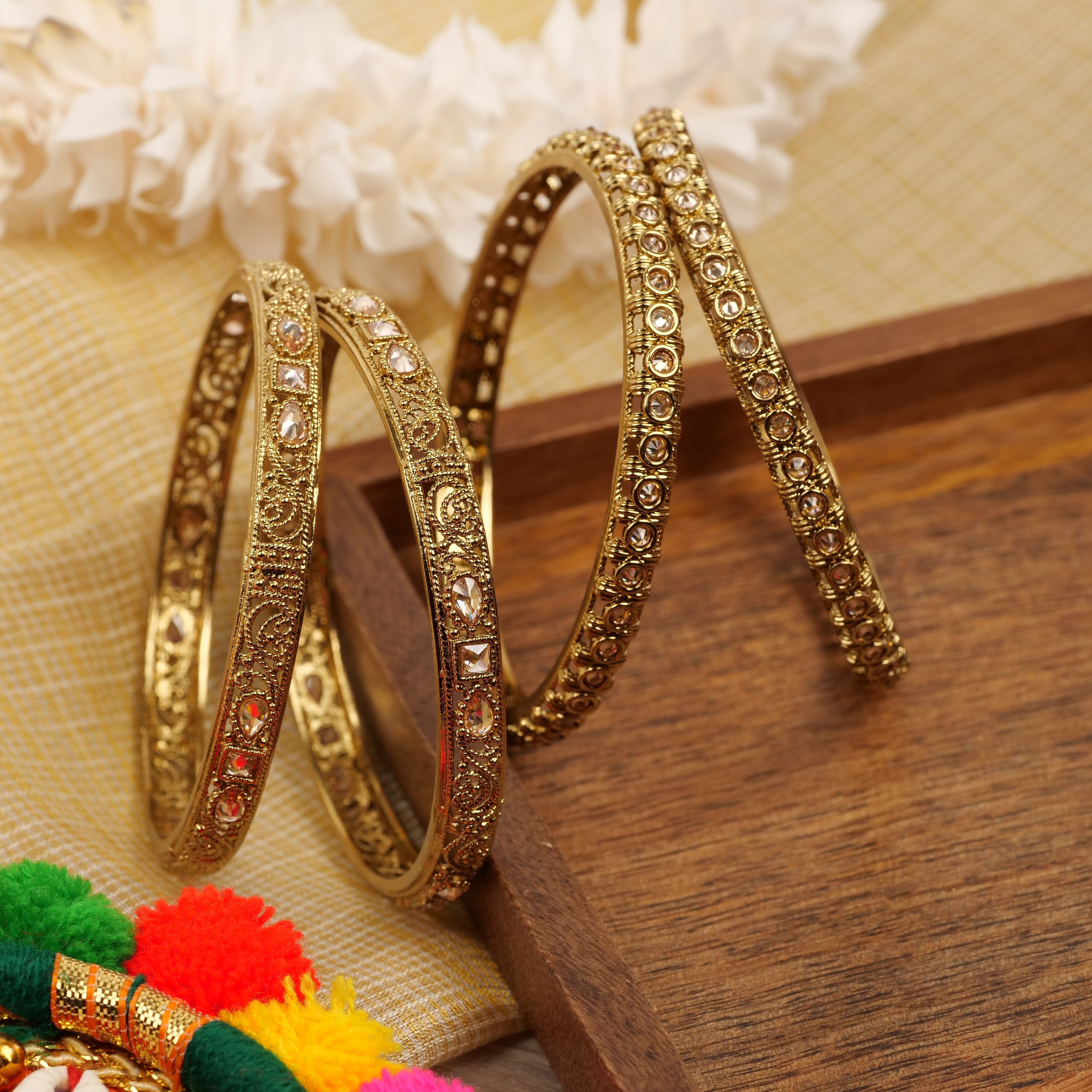 Filigree and Crystal Antique Gold Bangles