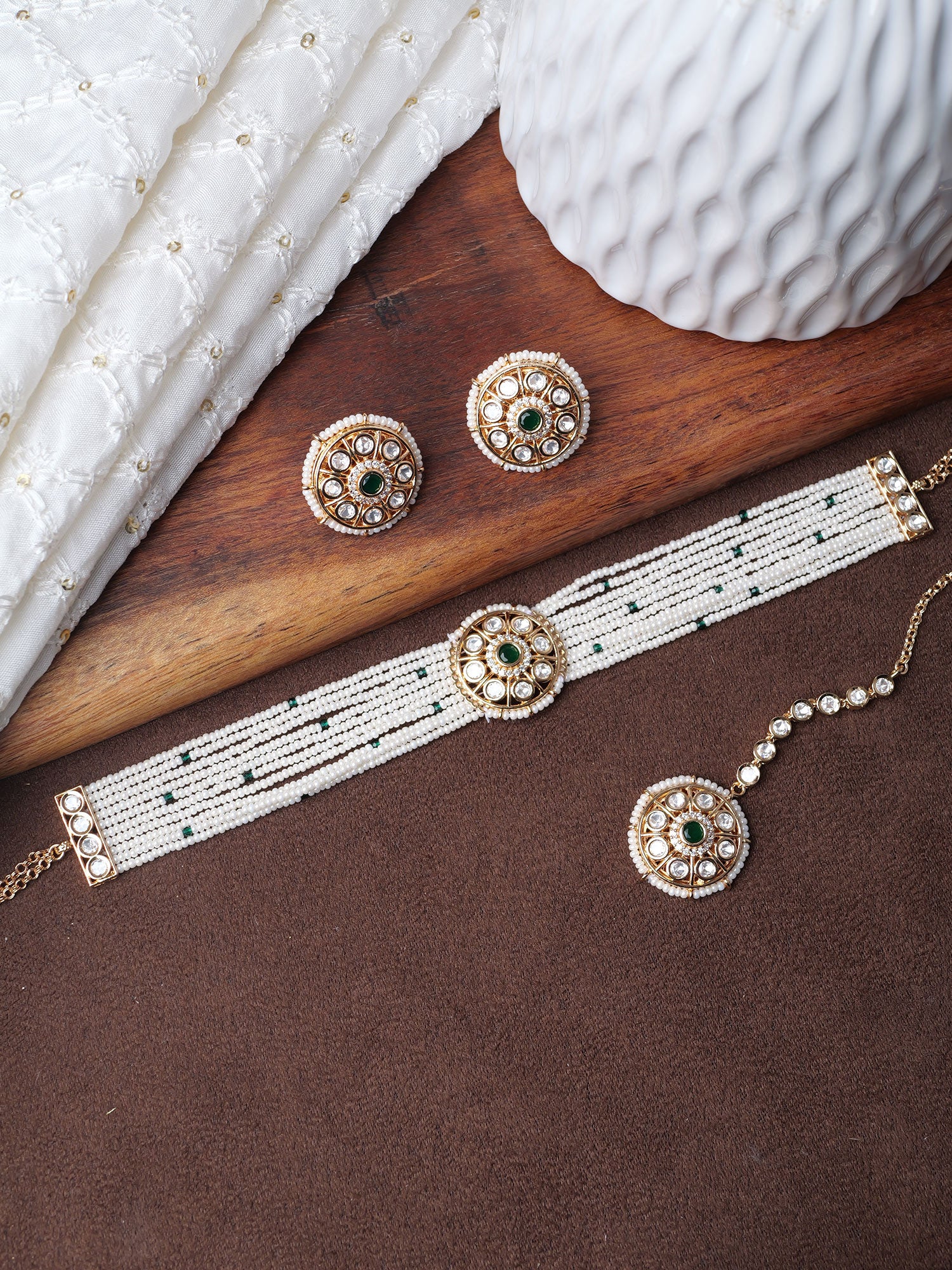 Indrani Kundan Choker Set in Pearl and Green