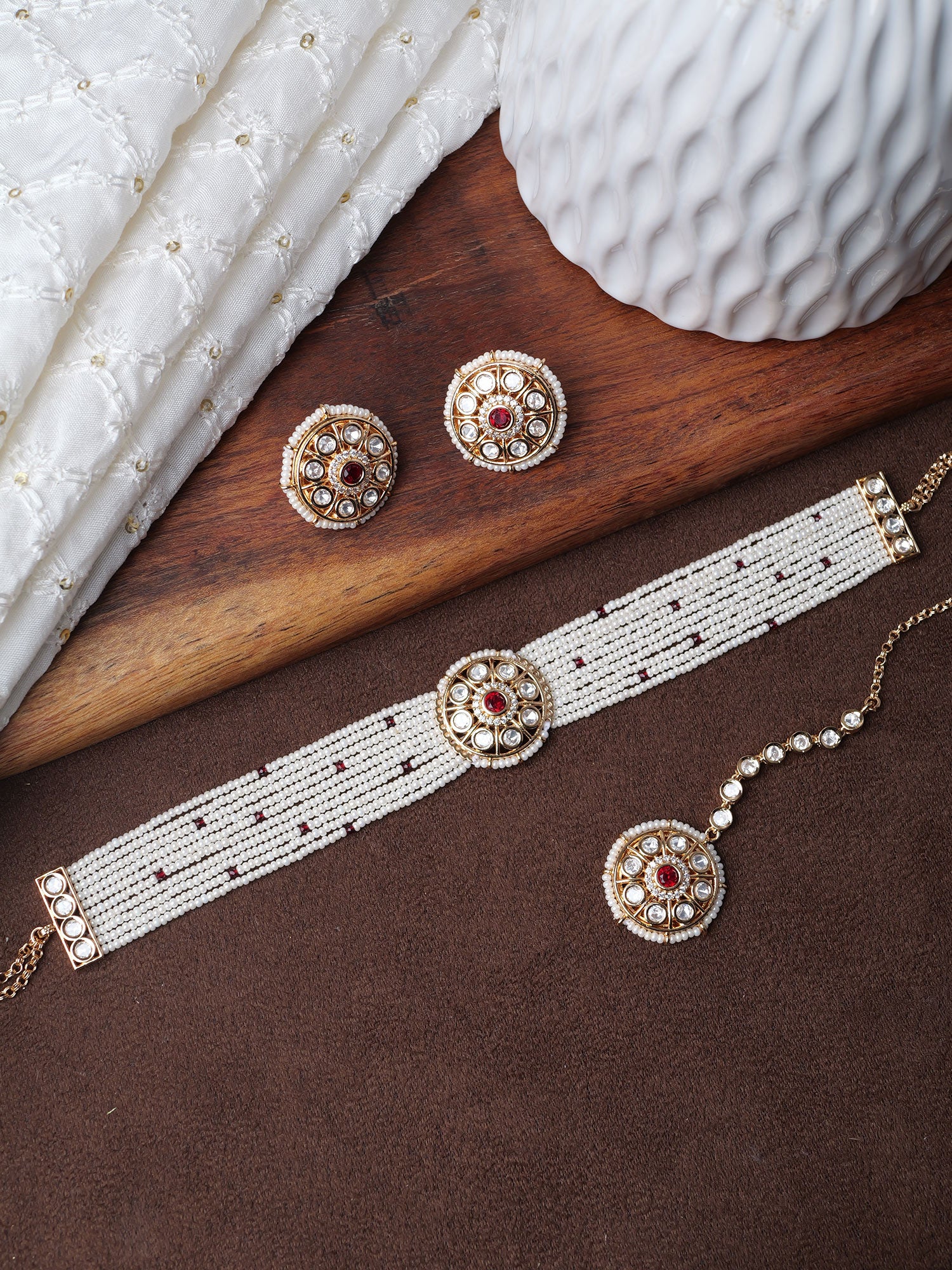 Indrani Kundan Choker Set in Pearl and Maroon