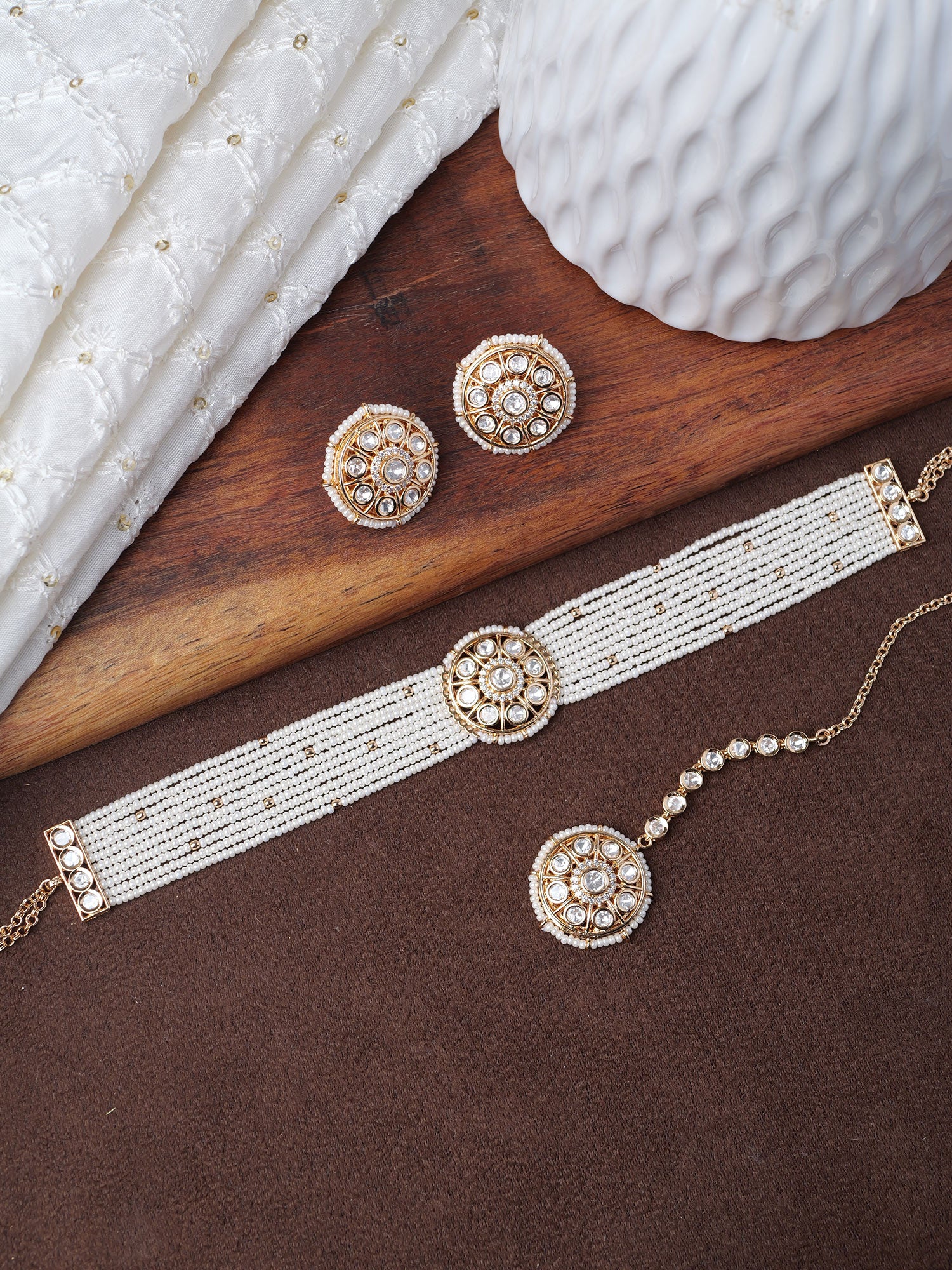 Indrani Kundan Choker Set in Pearl and White