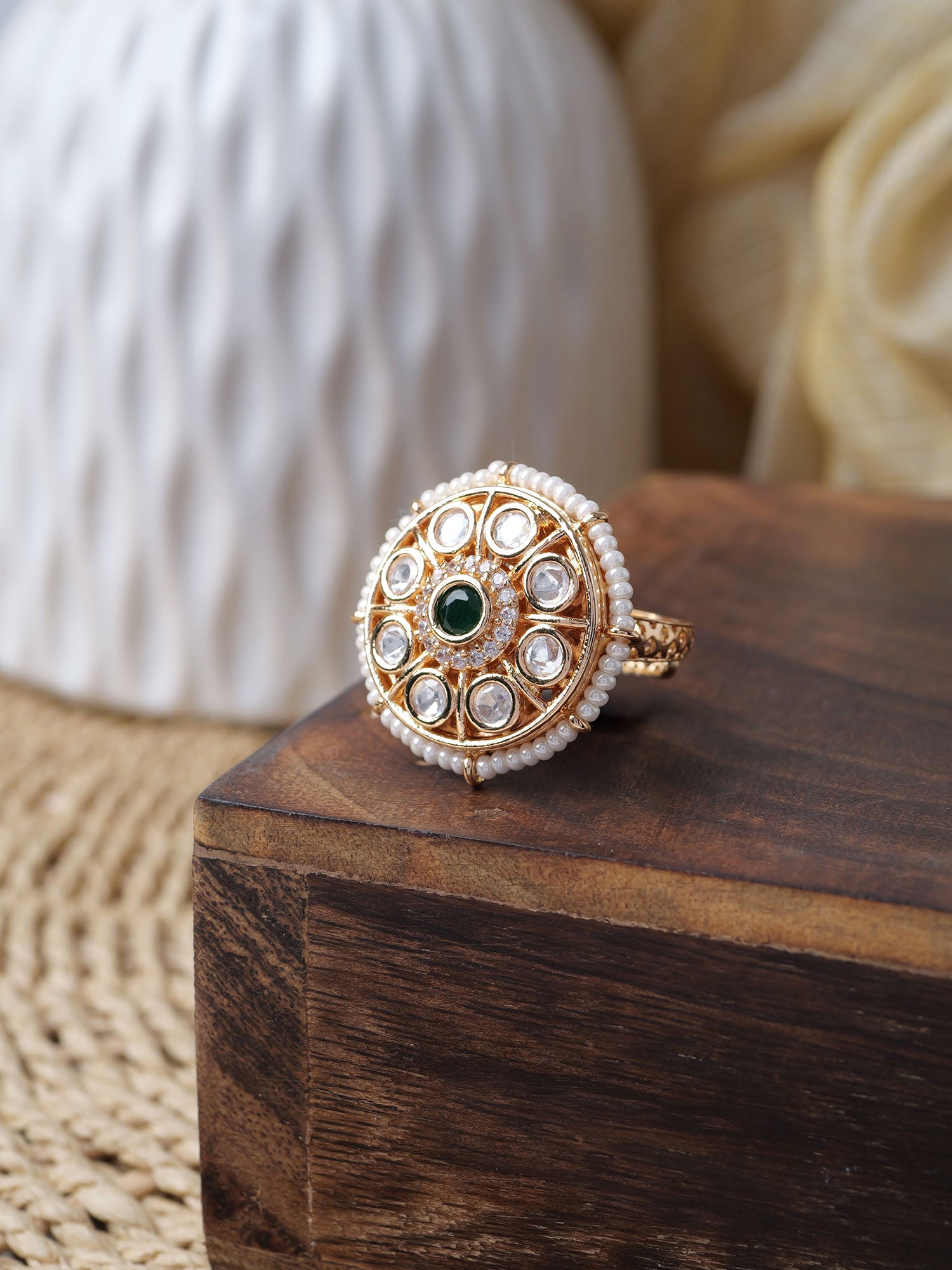 Indrani Kundan Ring in Pearl and Green