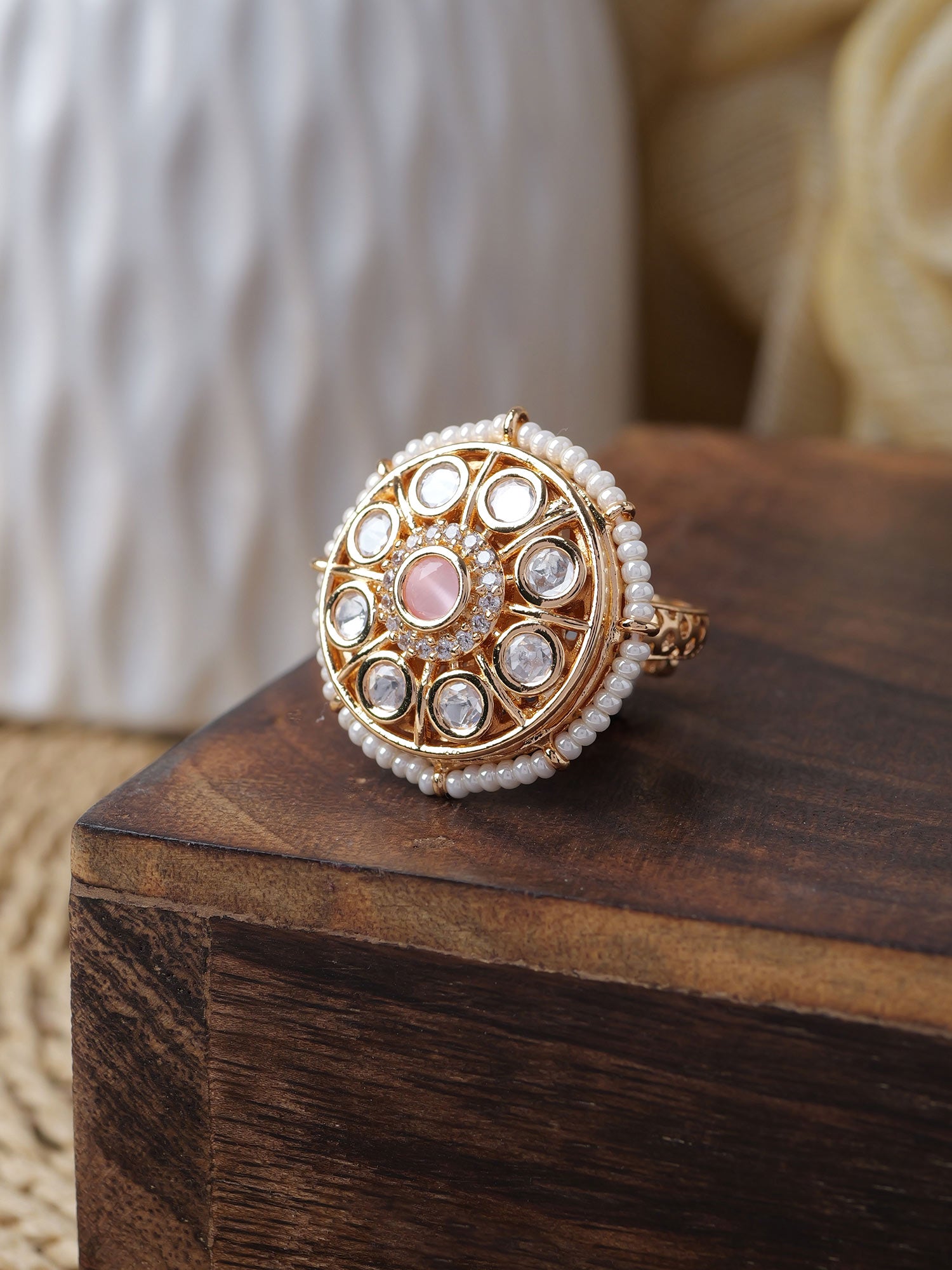 Indrani Kundan Ring in Pearl and Light Pink