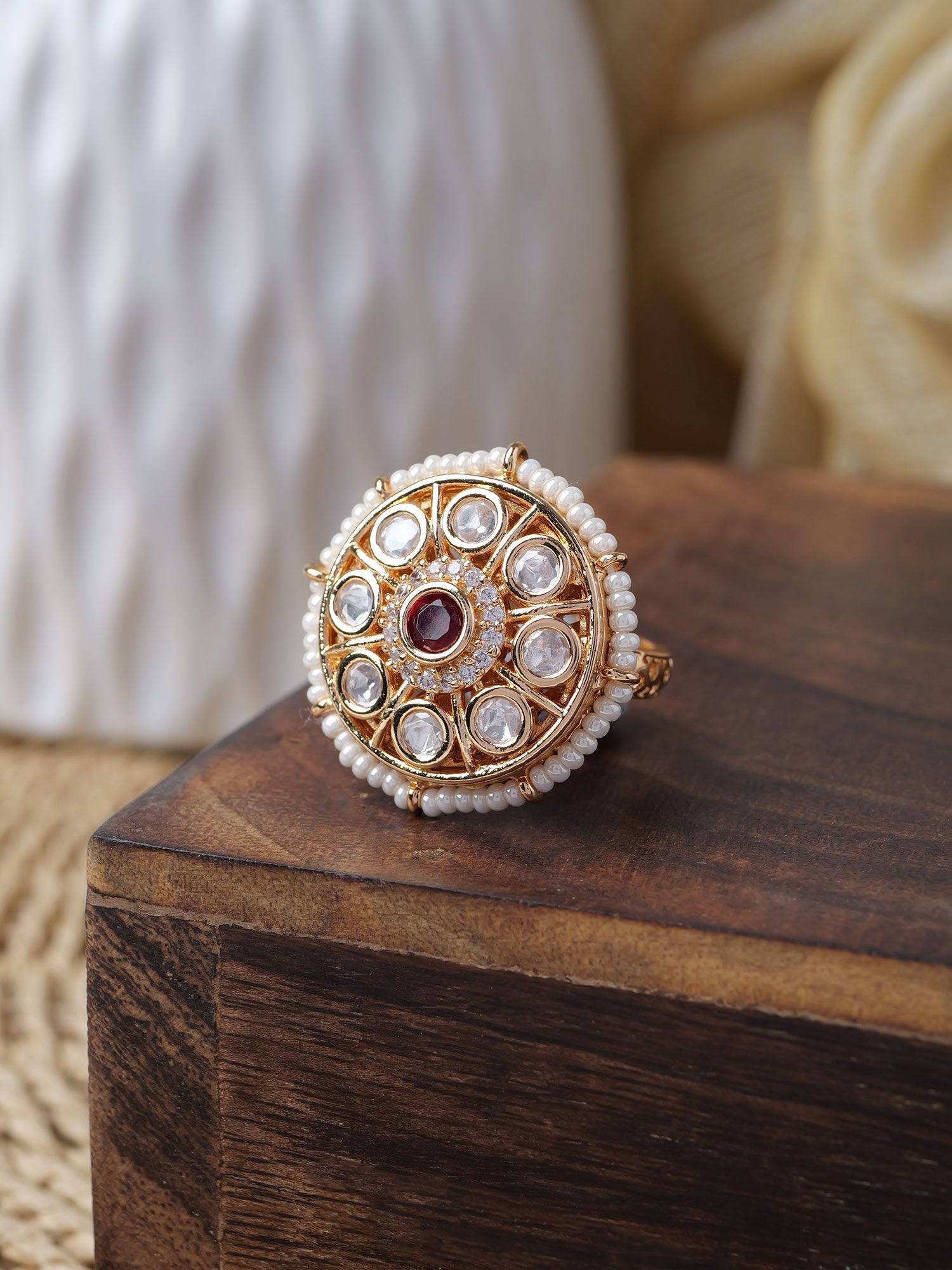 Indrani Kundan Ring in Pearl and Maroon