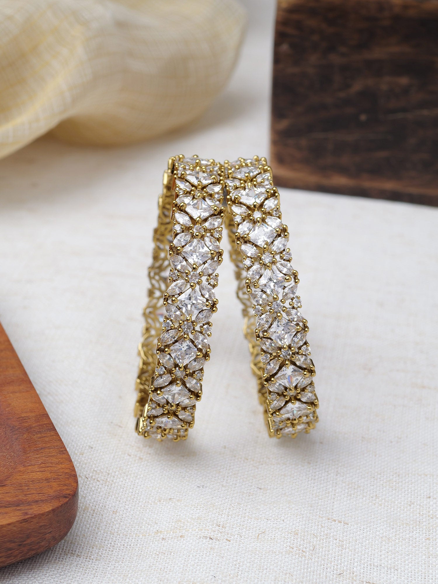 Iraaya Cubic Zirconia Bangles in White and Antique Gold