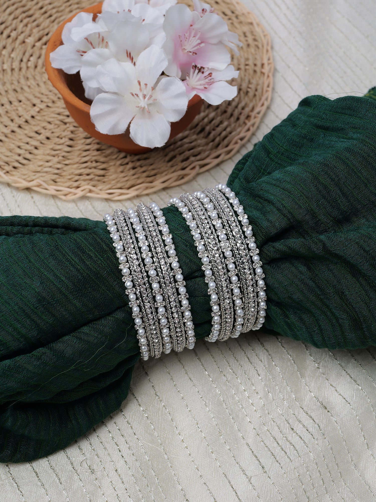 Isha Pearl Bangle Set in Rhodium