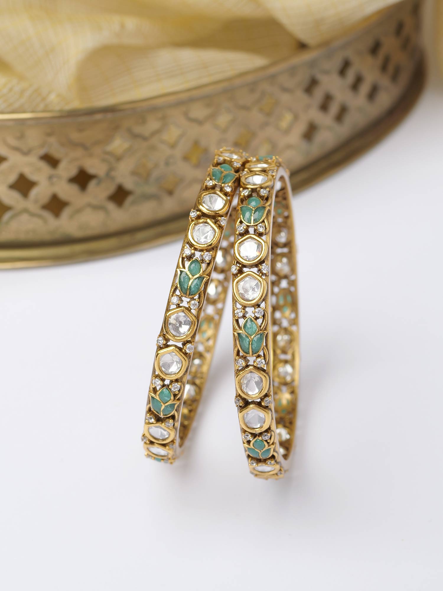 Ishira Kundan Bangles in Light Jade