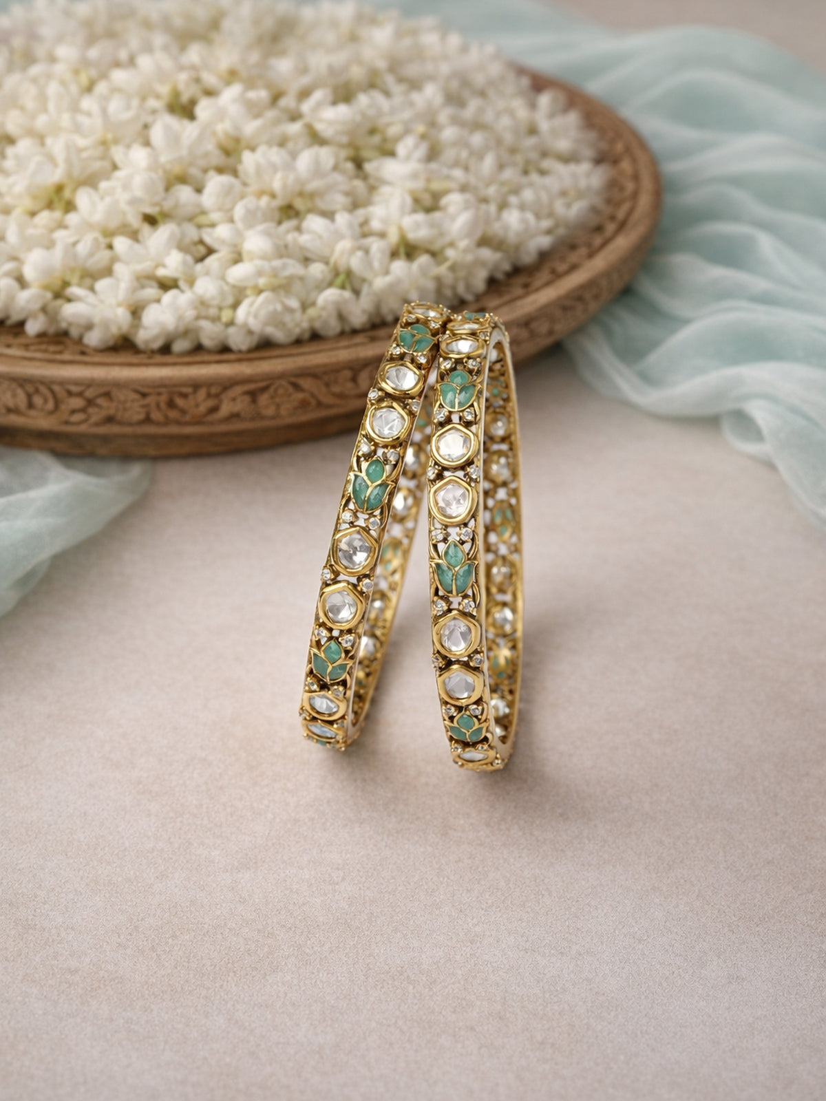 Ishira Kundan Bangles in Light Jade