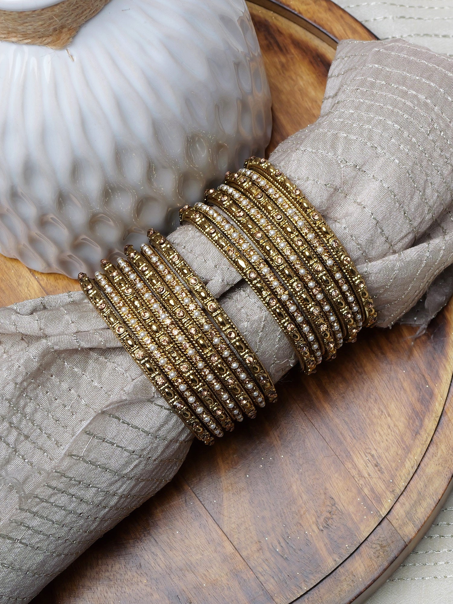 Ivara Pearl Bangle Set in Antique Gold