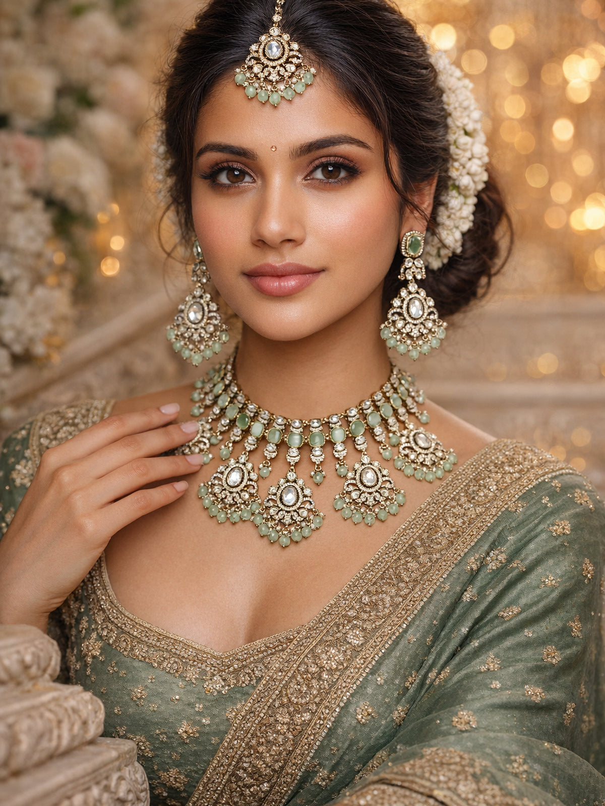 Jahanara Bridal Necklace Set in Mint and Antique Gold
