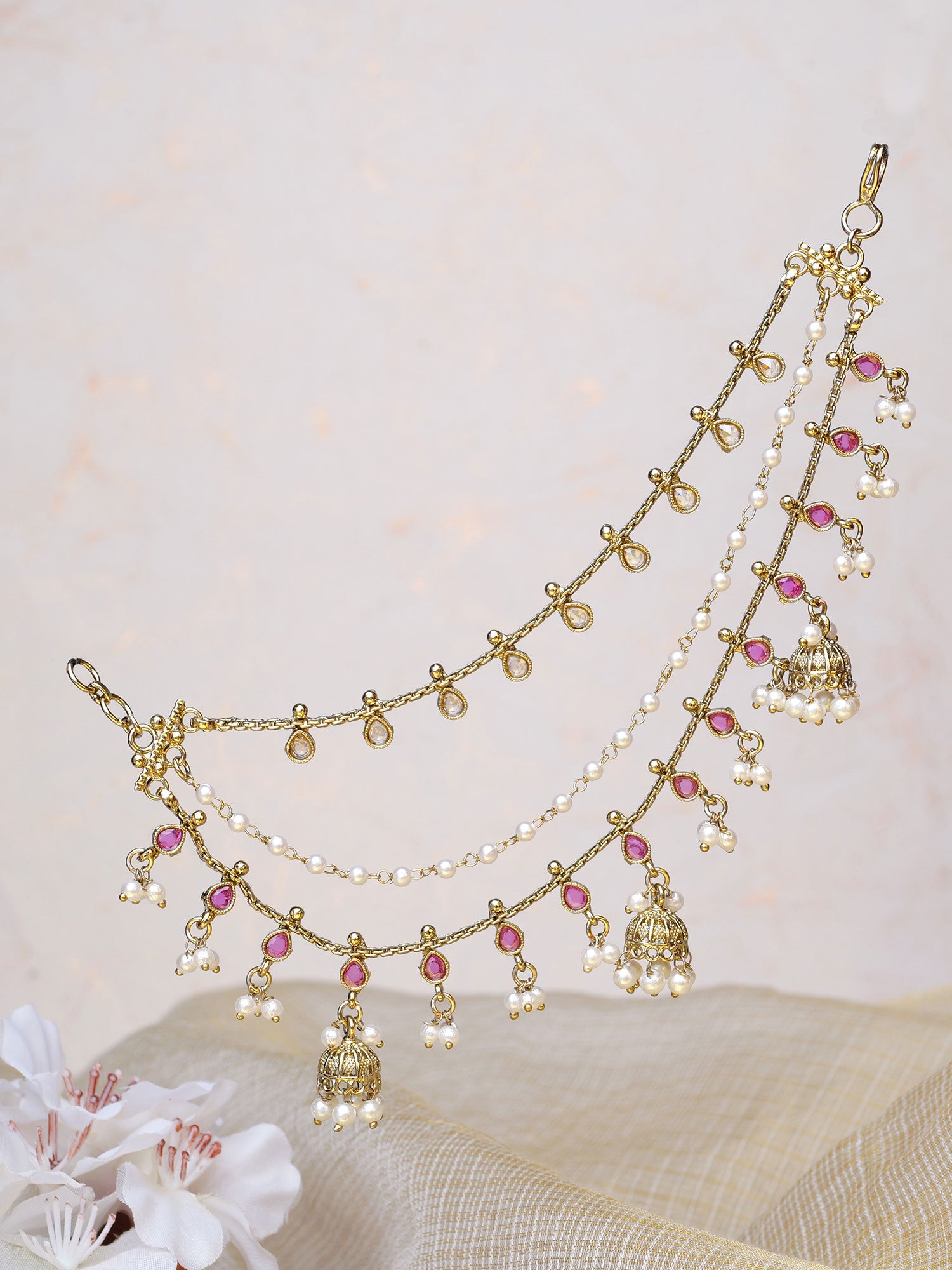 Jhumka Ear Chains in Ruby and Pearl