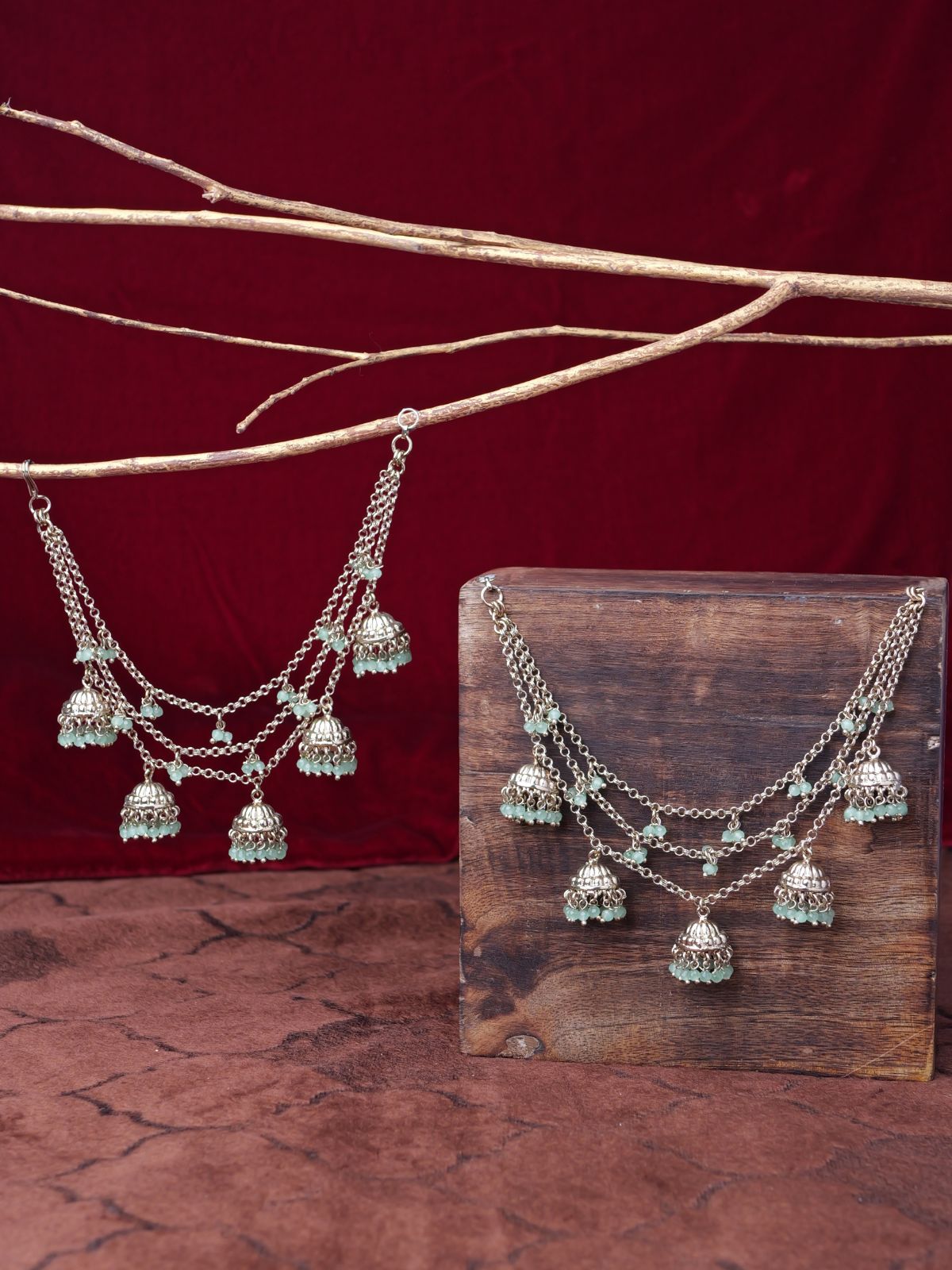 Jhumka and Pearl Layered Ear Chains in Mint