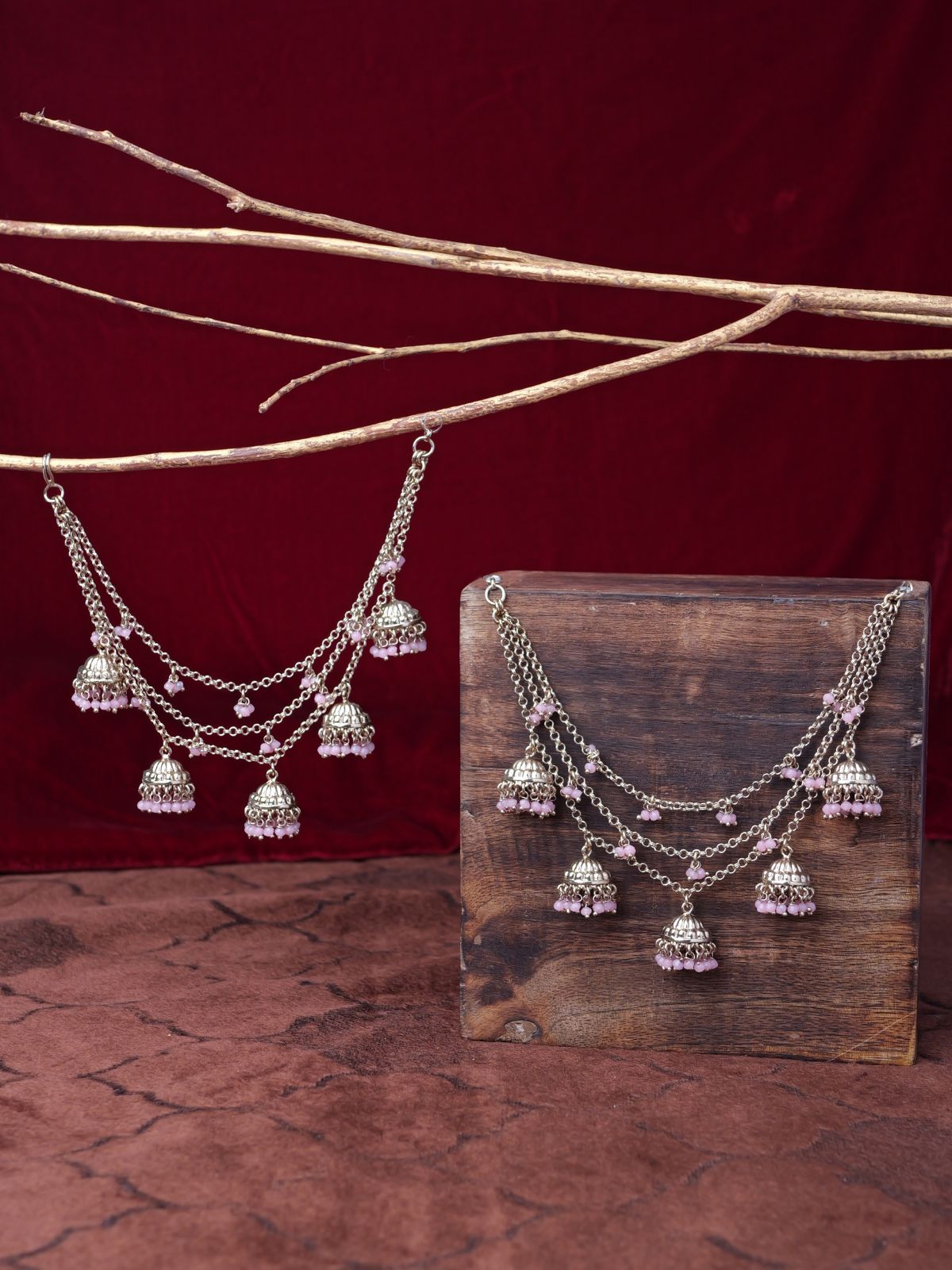Jhumka and Pearl Layered Ear Chains in Pink