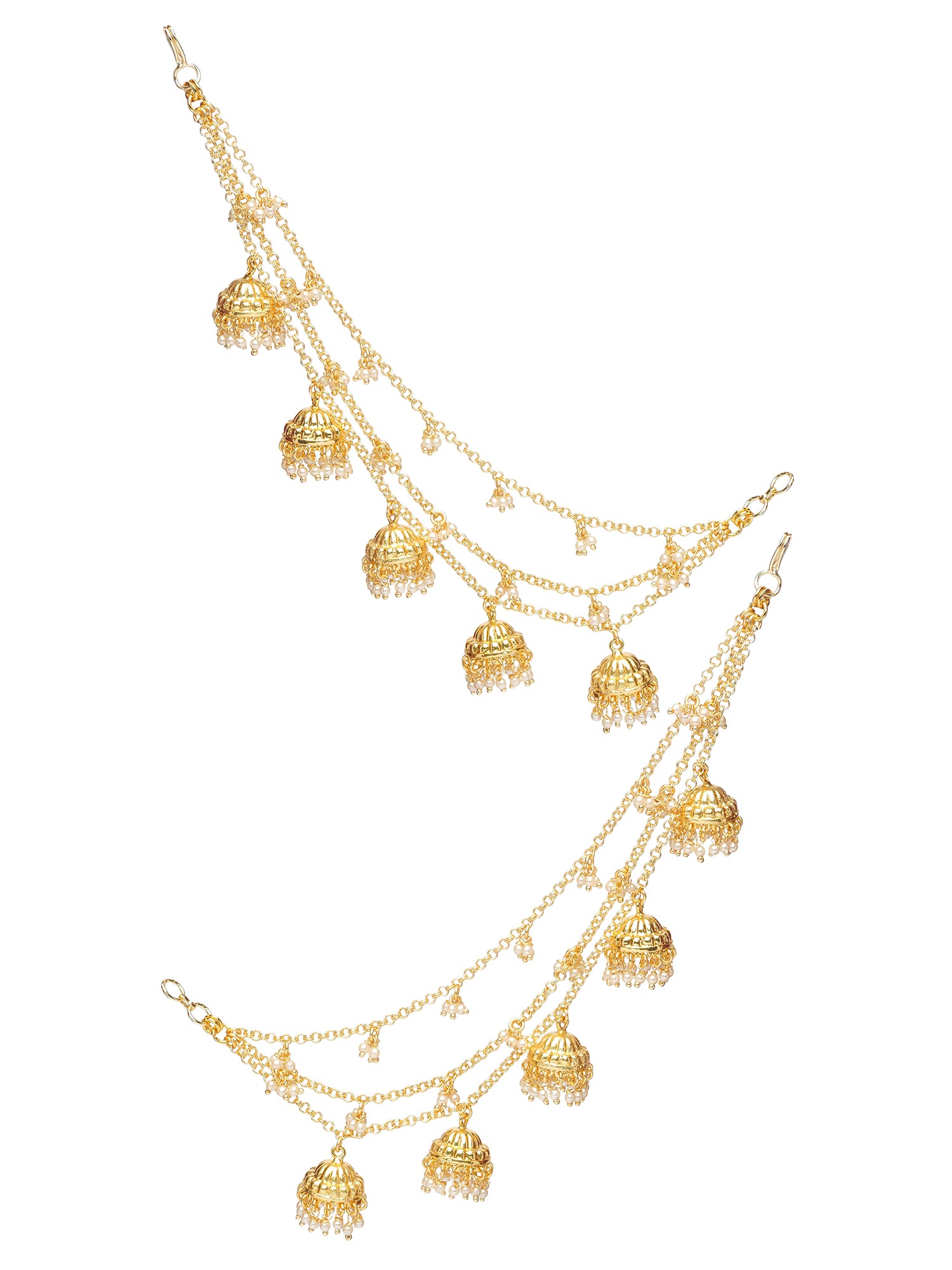 Jhumka and Pearl Layered Ear Chains in Gold