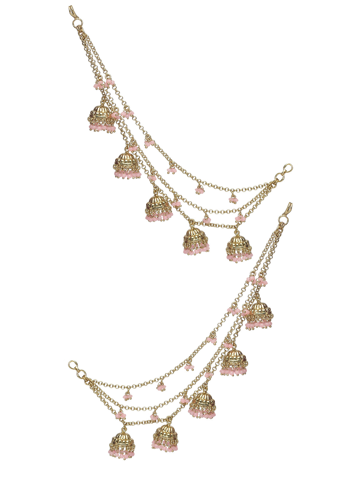 Jhumka and Pearl Layered Ear Chains in Pink