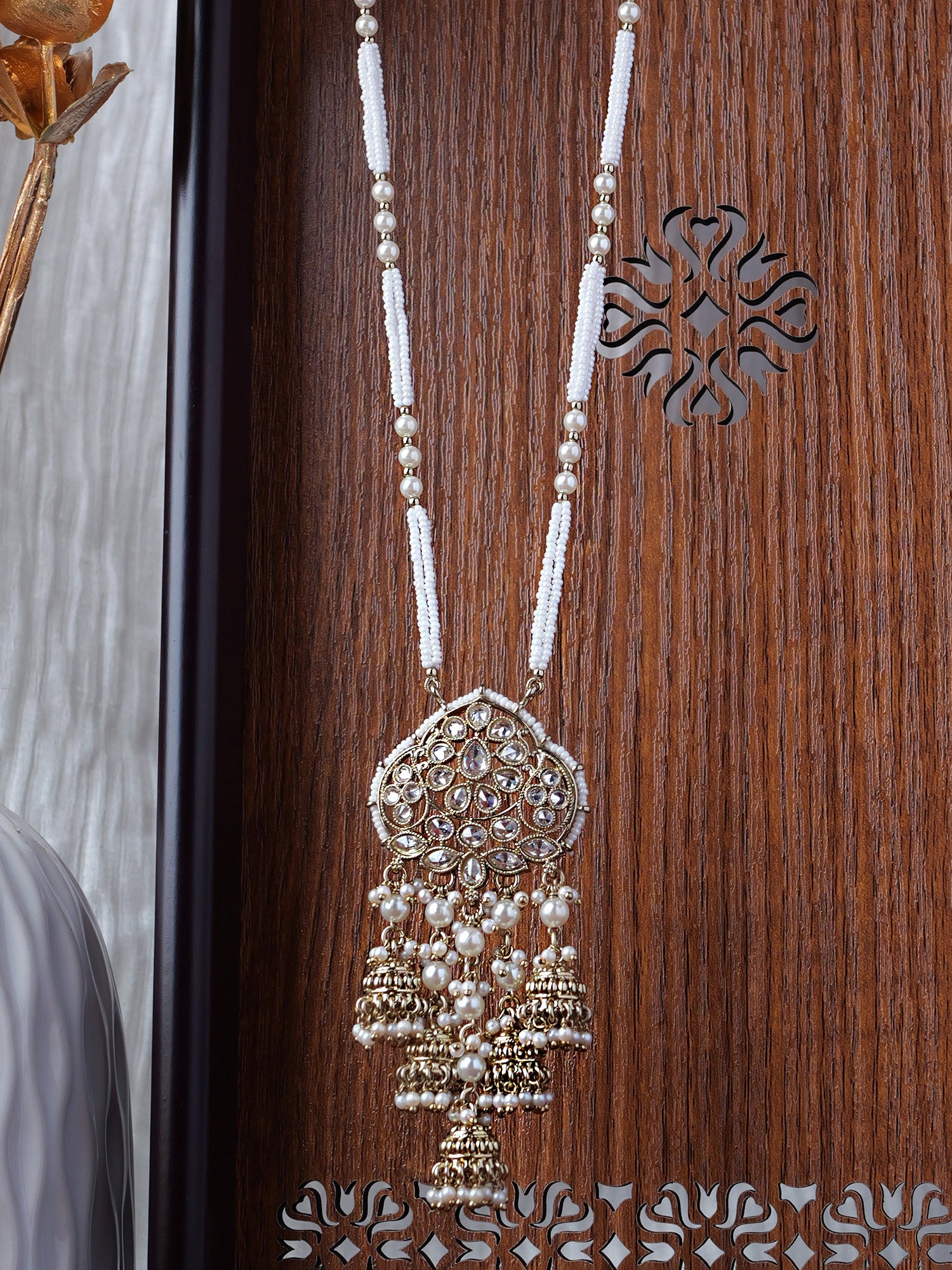 Kimaya Jhumka Long Chain in Pearl and White