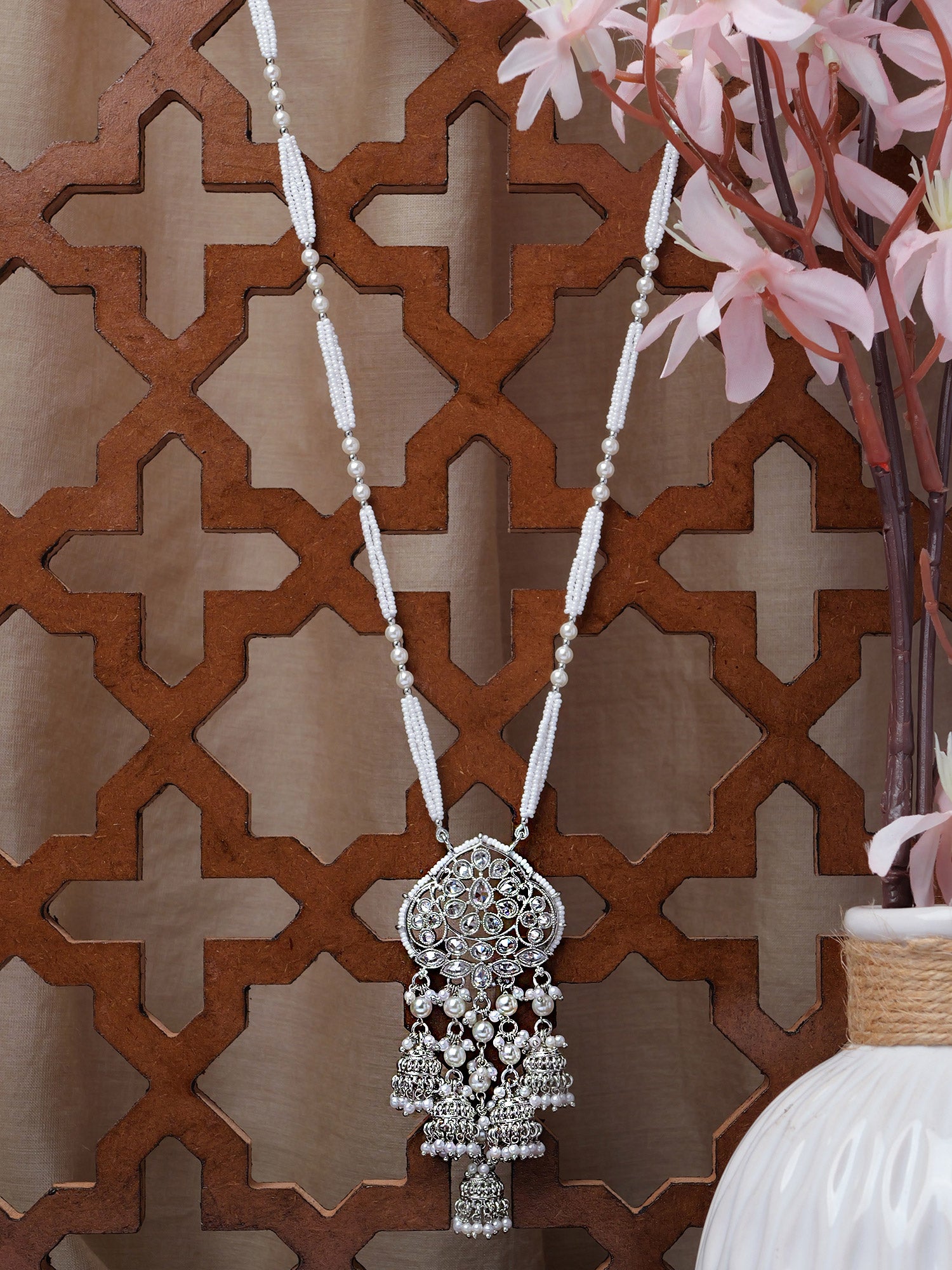 Kimaya Jhumka Long Chain in Rhodium