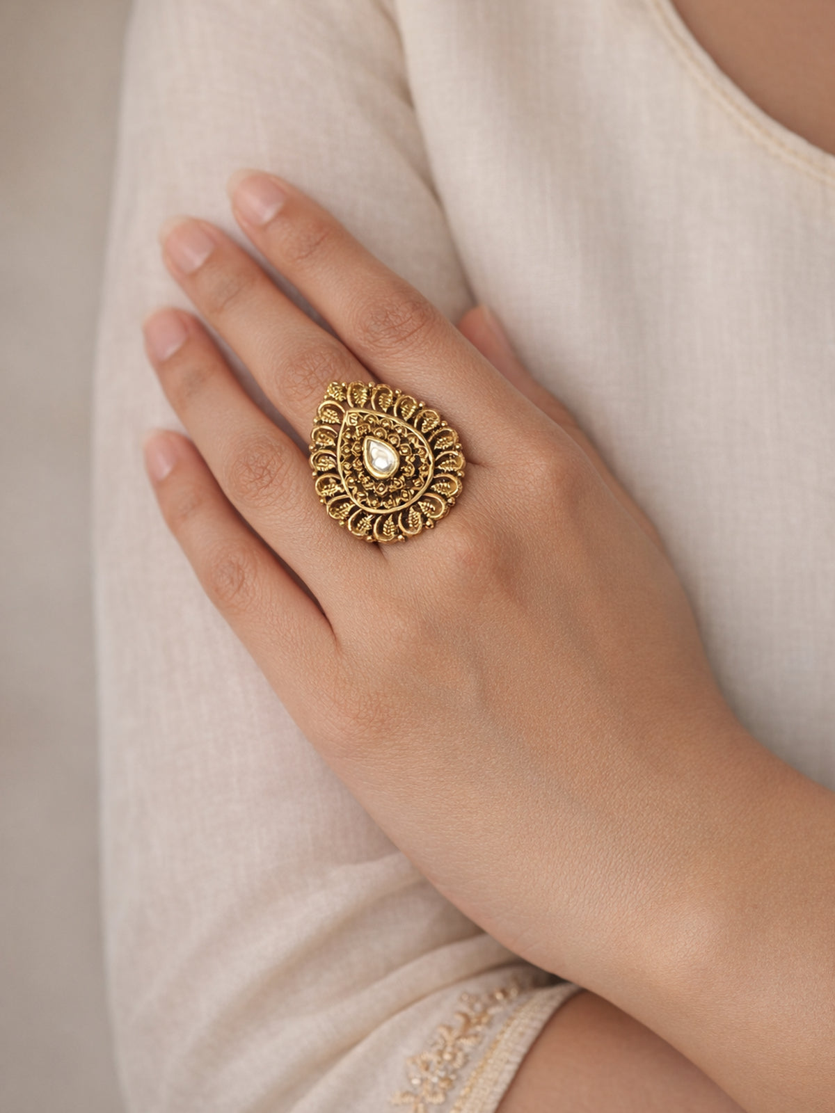 Kiran Kundan Ring in White