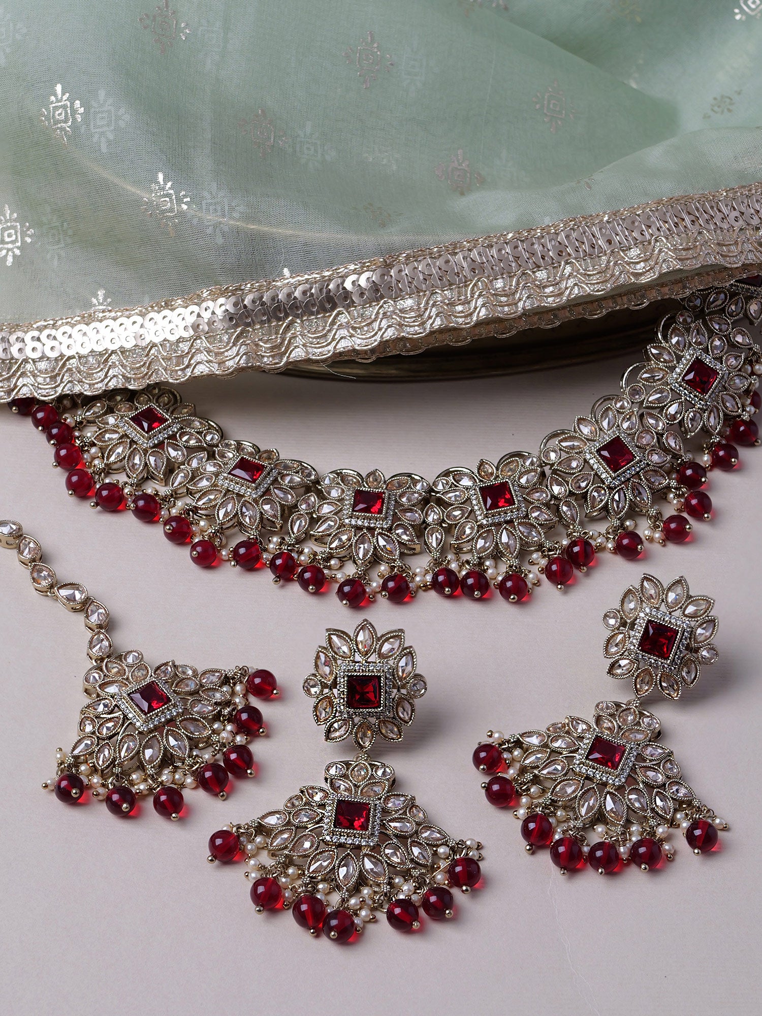 Kiyara Bridal Necklace Set in Maroon and Antique Gold