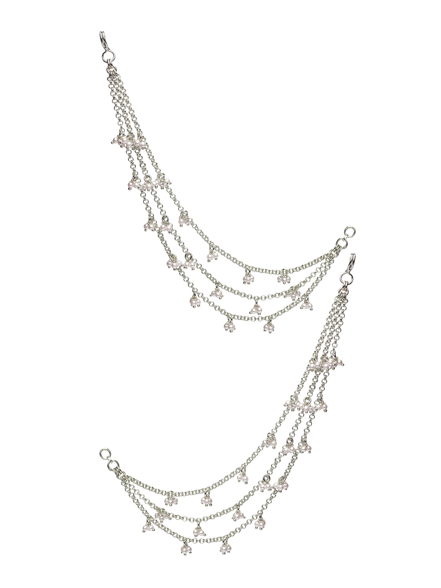 Layered Pearl Ghungroo Ear Chains in Rhodium