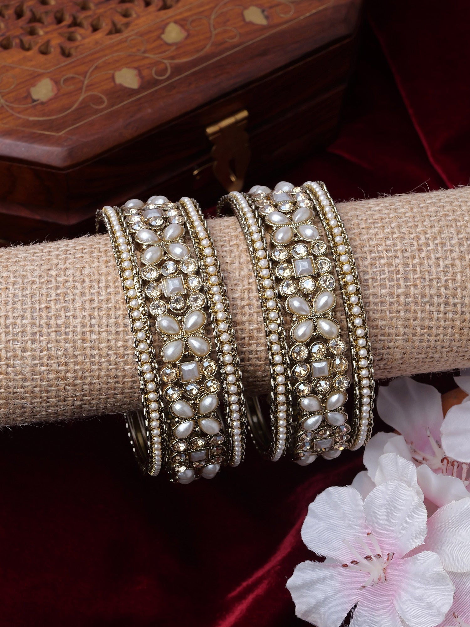 Leena Pearl Bangle Set in White - Main Image