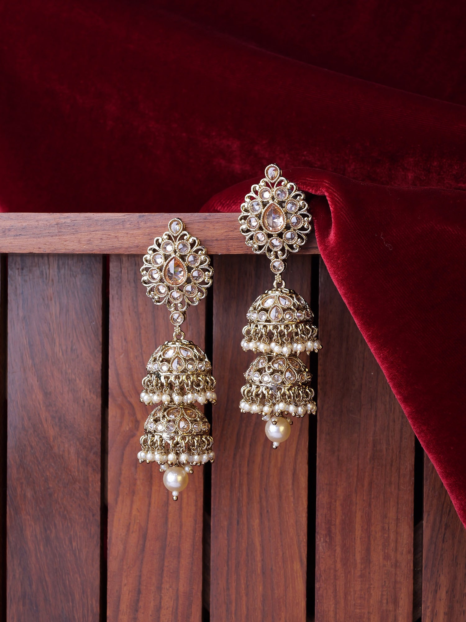 Lekha Jhumka Earrings in Champagne and Antique Gold