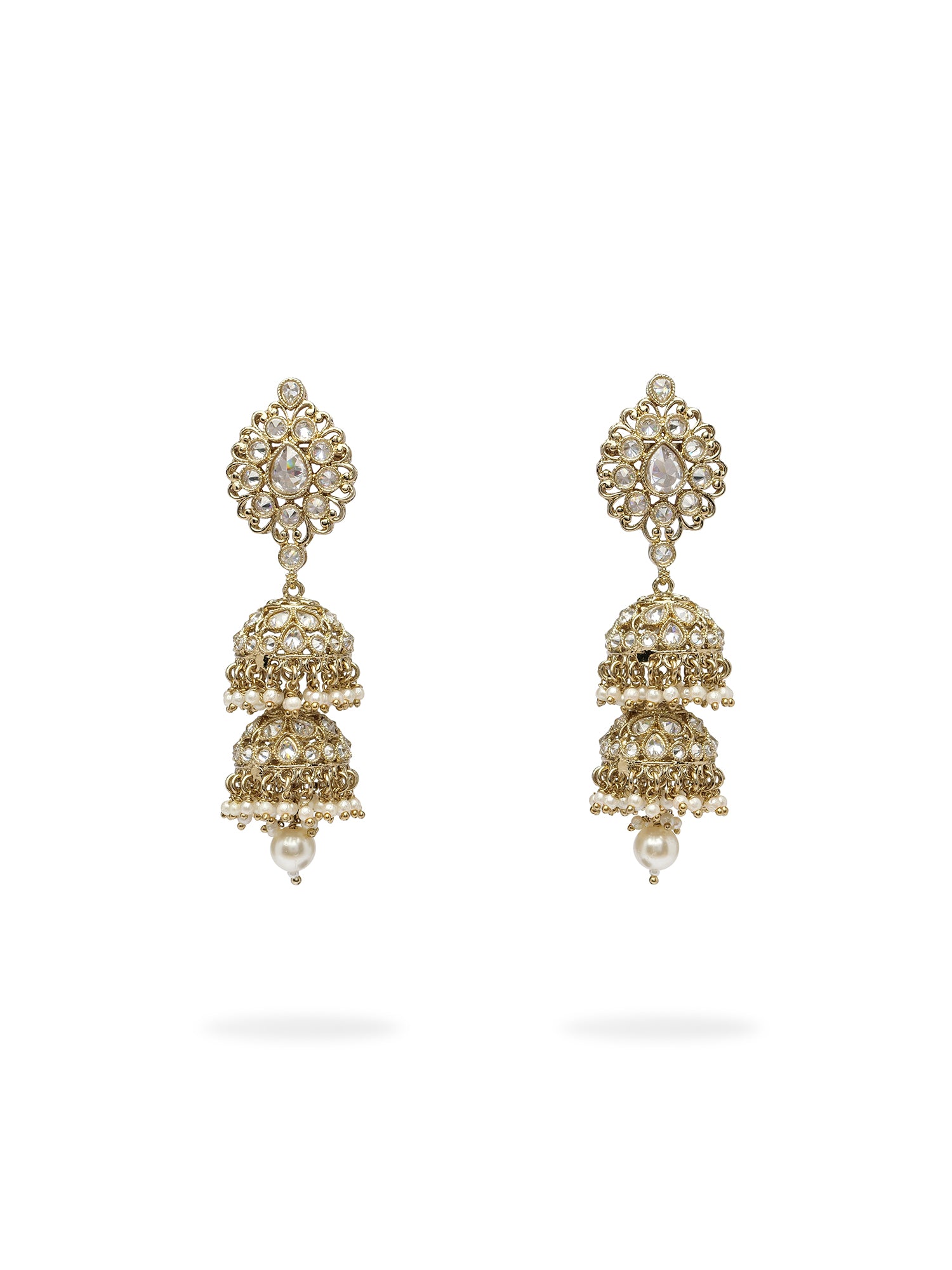 Lekha Jhumka Earrings in White and Antique Gold