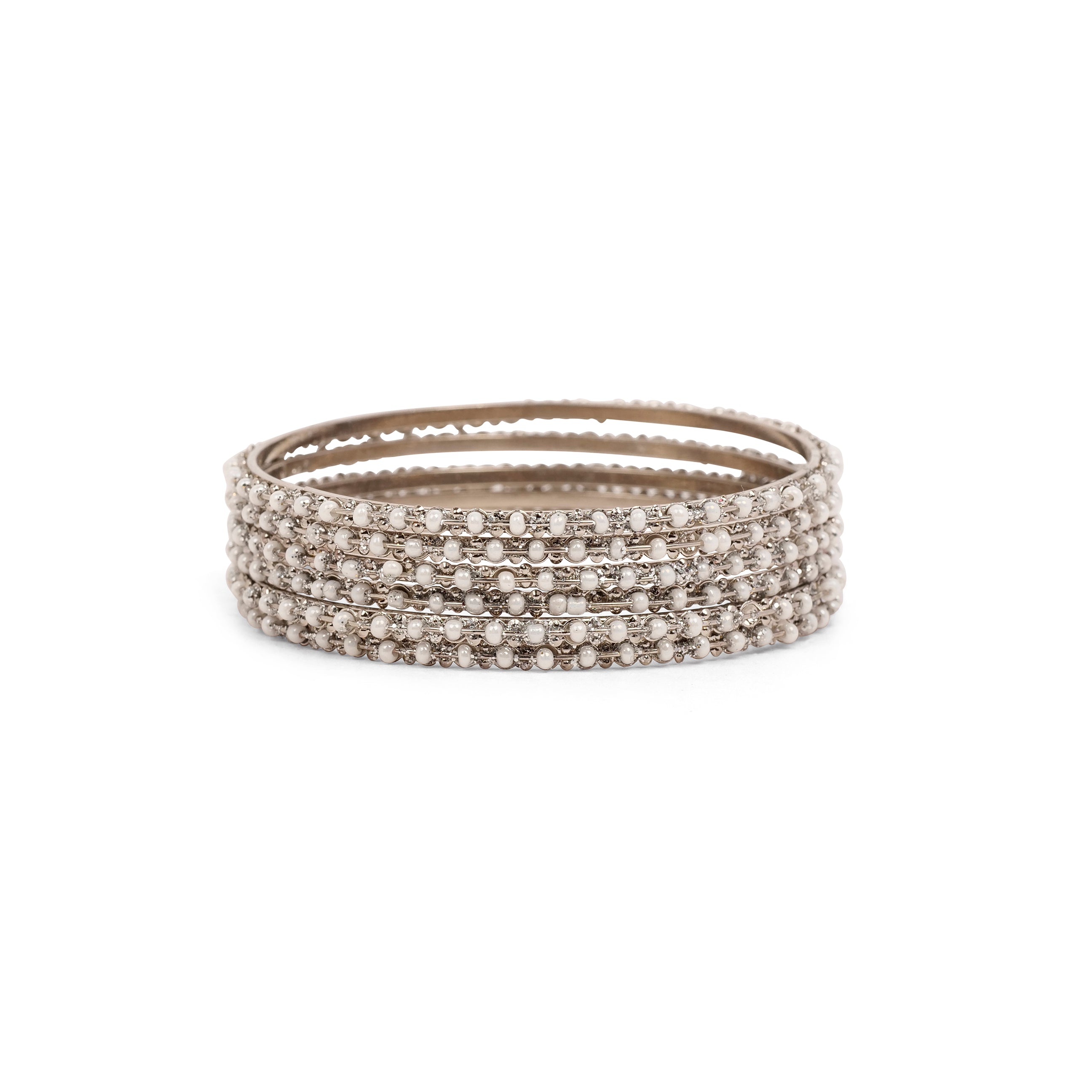 Set of 6 Pearl Beaded Bangles in Rhodium