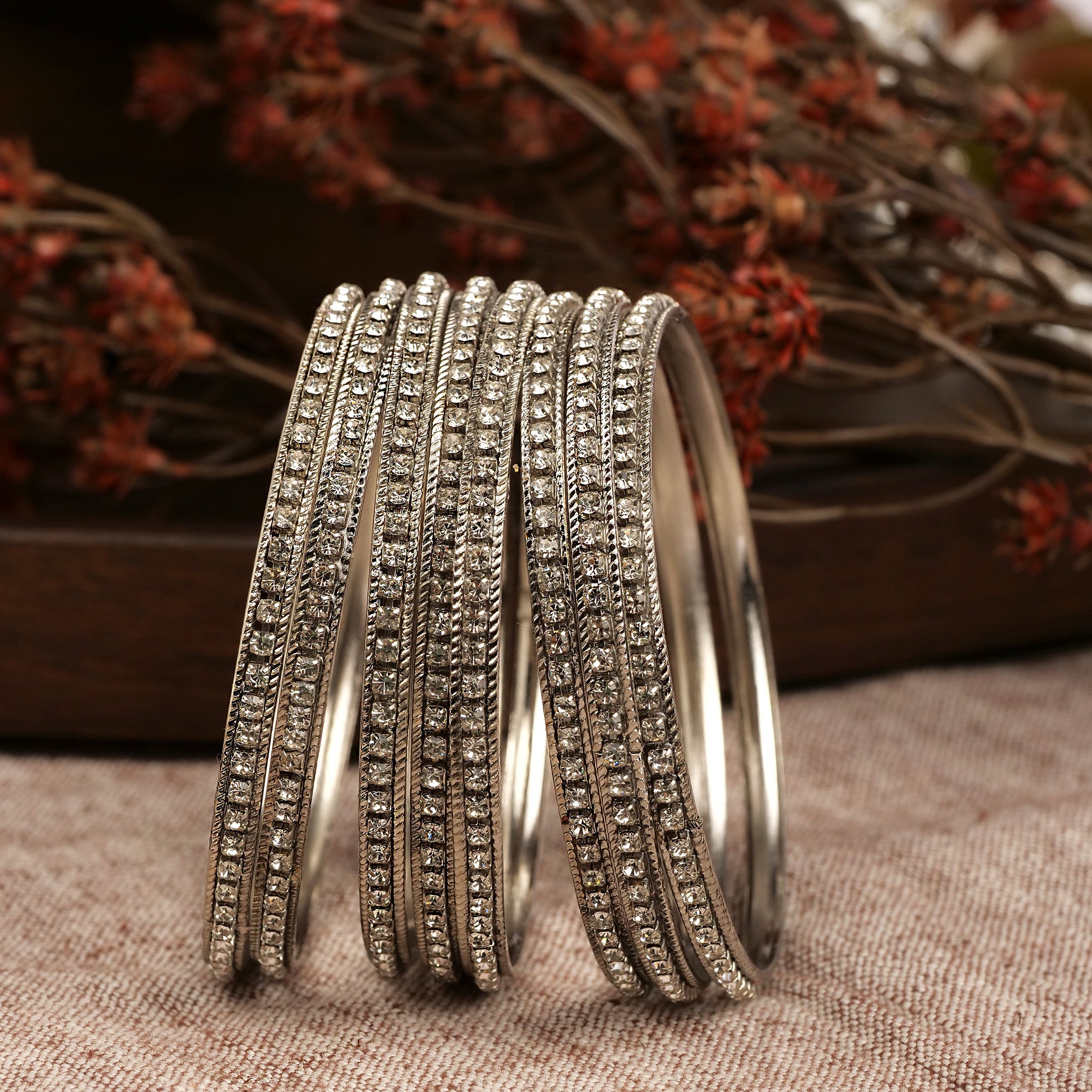 Set of 8 Crystal Bangles in Rhodium