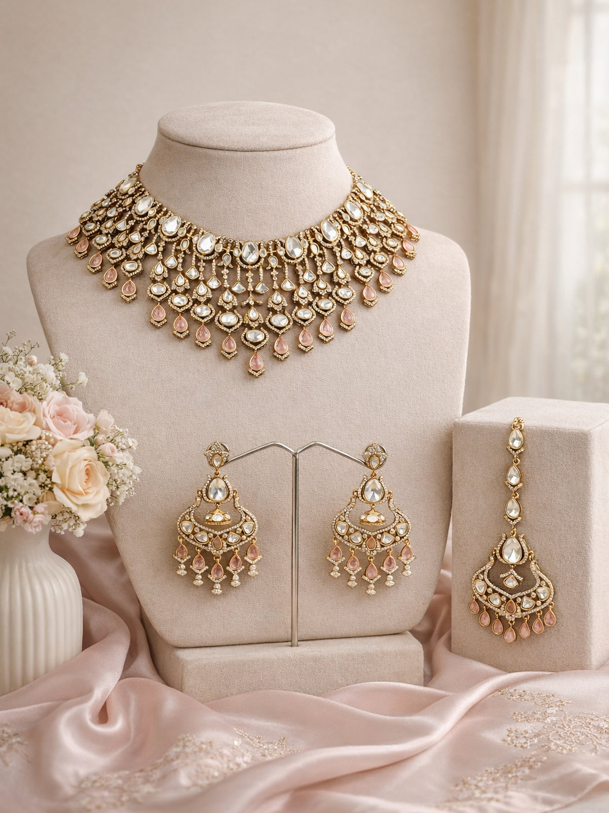 Maheera Kundan Bridal Necklace Set in Pink