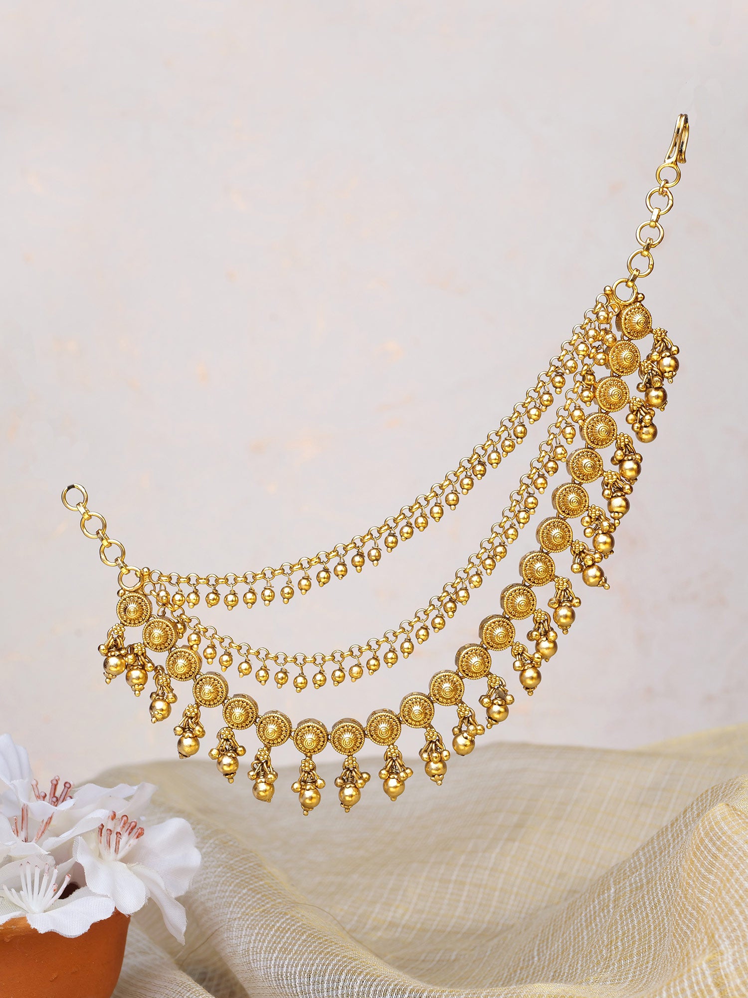 Malini Layered Ear Chains in Gold Bead