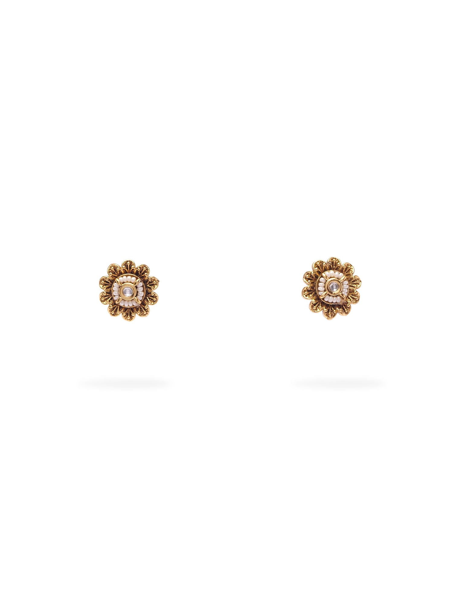 Megha Kundan Ear Studs in Pearl and Antique Gold
