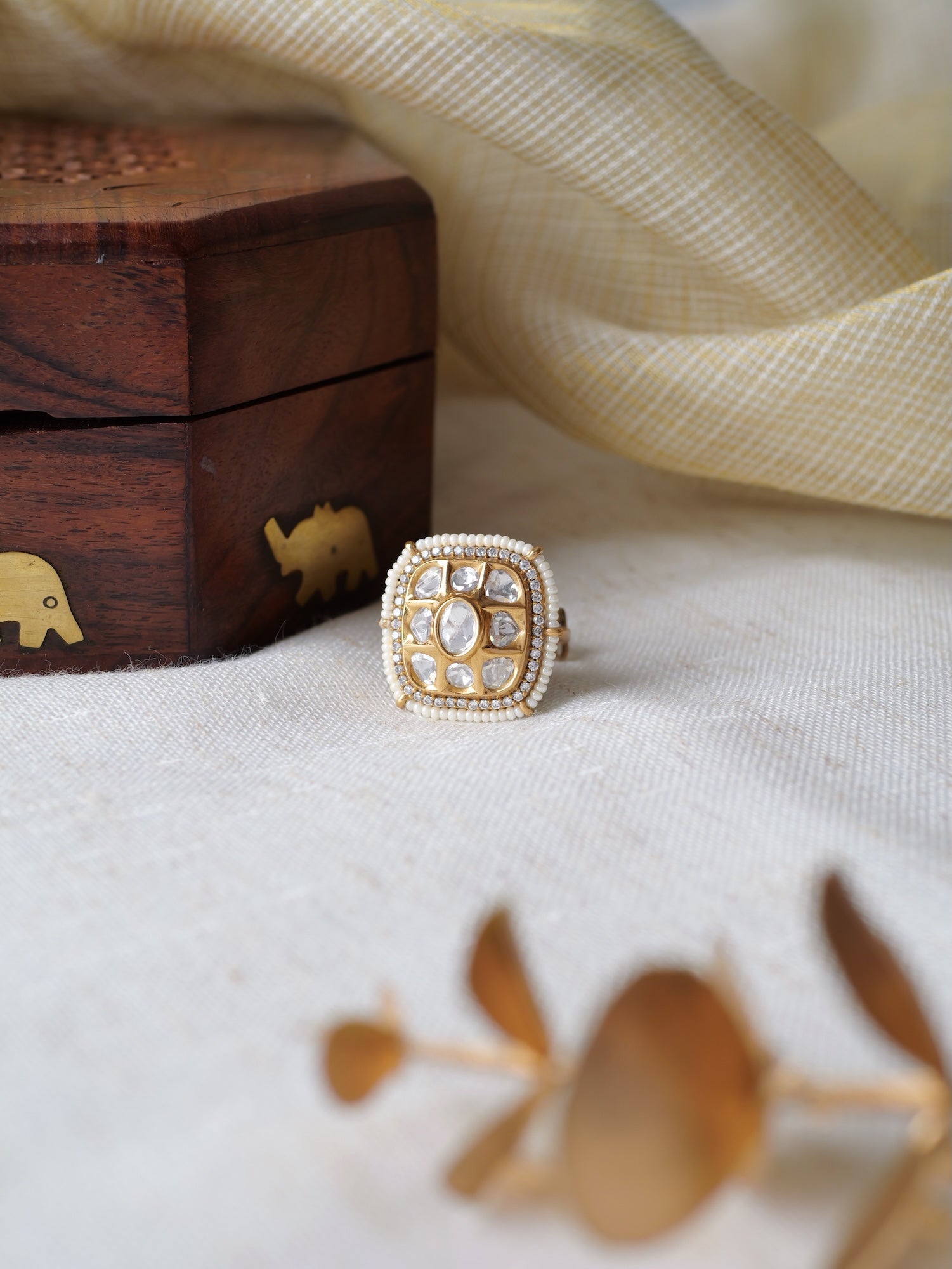 Mehal Kundan Ring in White and Gold