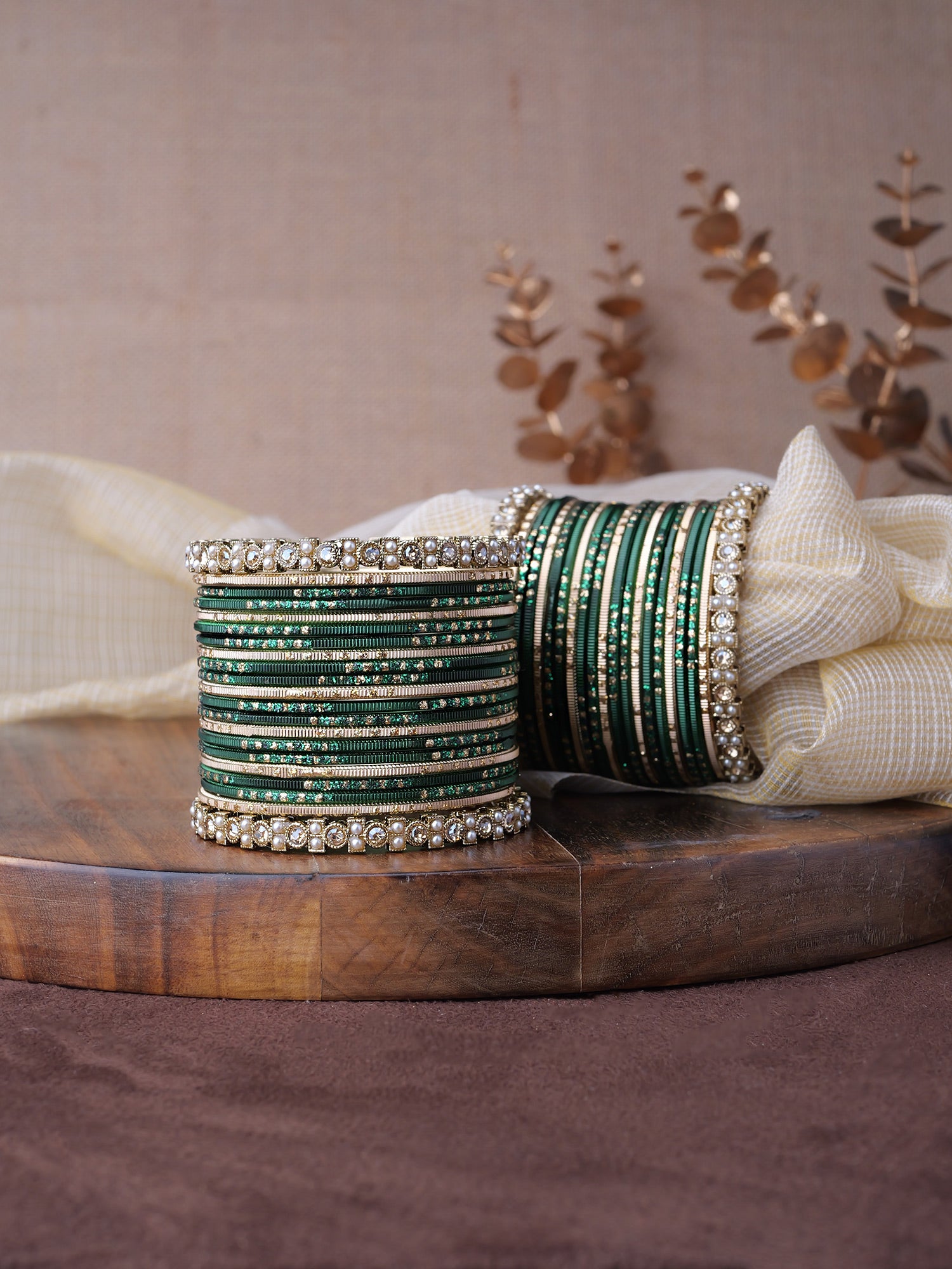 Mehira Two Hand Bangle Set in Deep Green