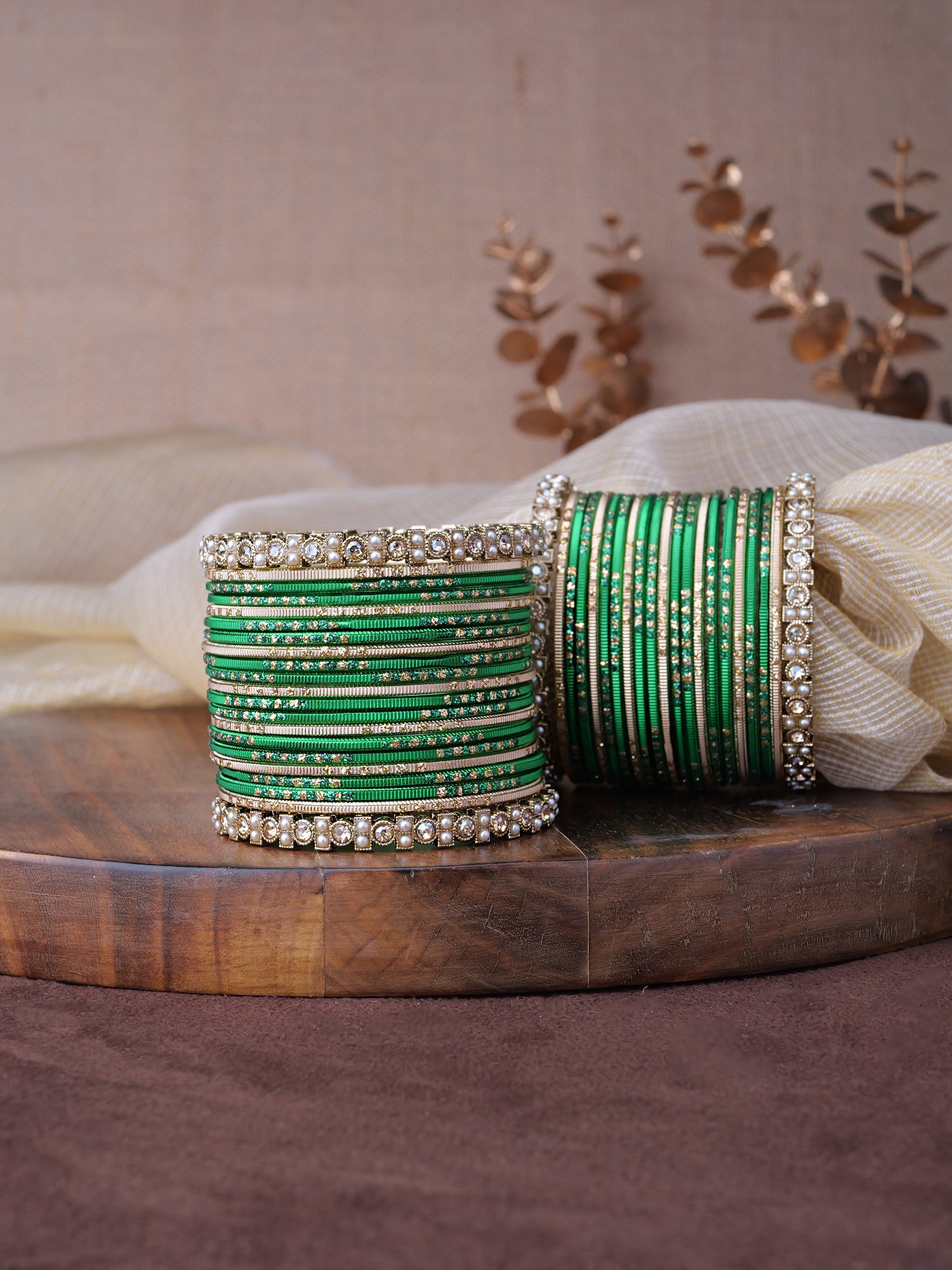 Mehira Two Hand Bangle Set in Green