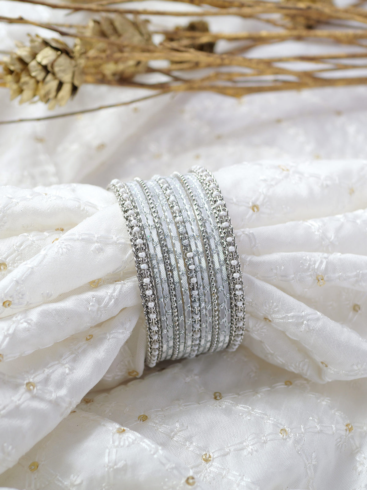 Mohini Bangle Set in Pearl and Rhodium