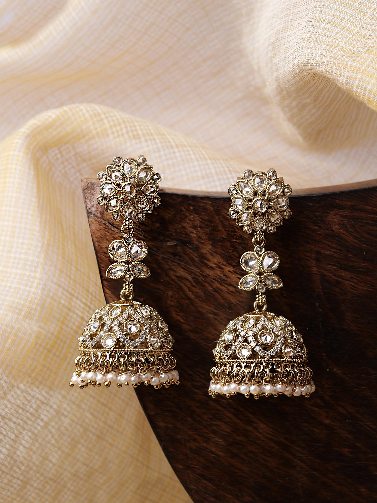 Morni Jhumkas in Champagne and Antique Gold